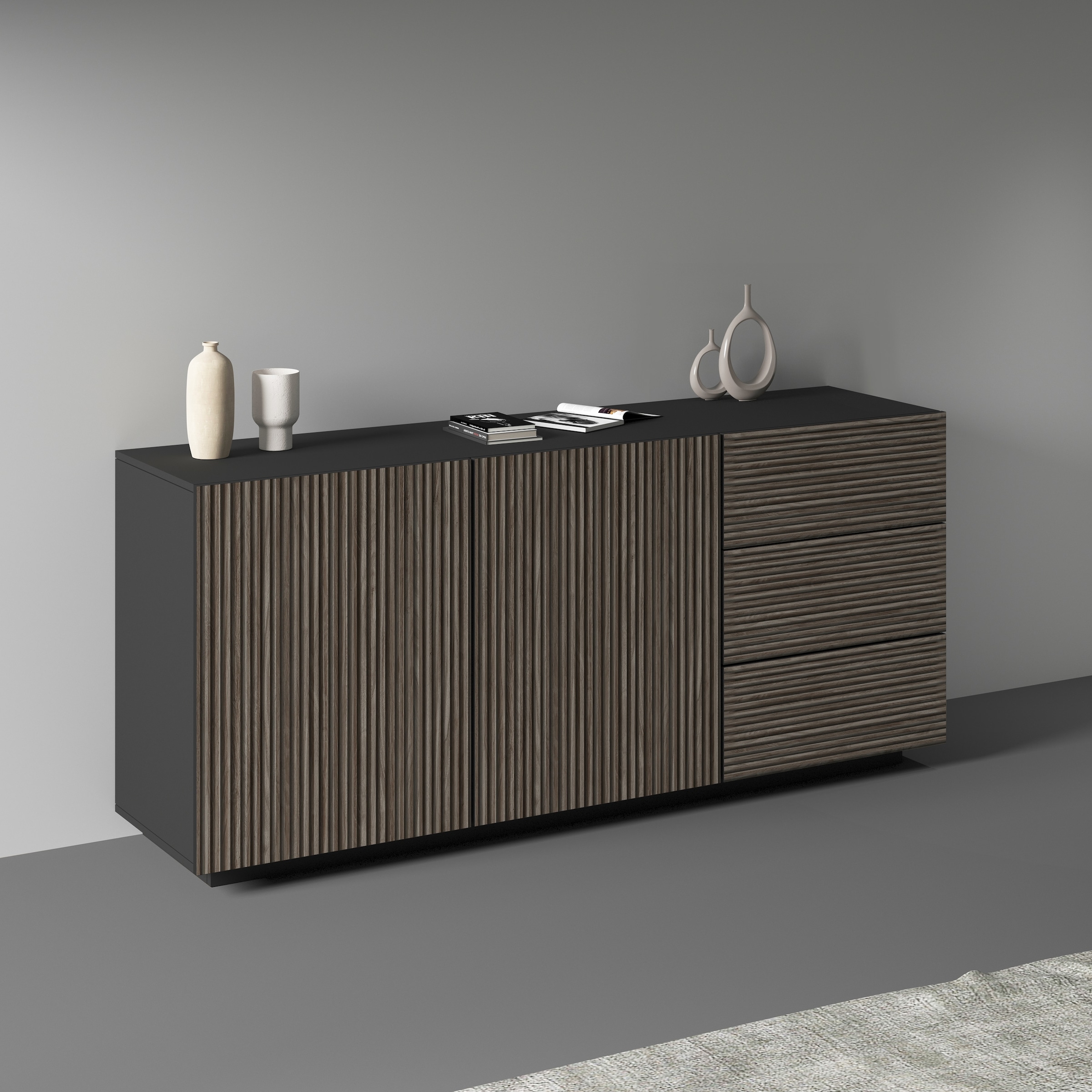 INOSIGN Sideboard »Vega Sideboard,Kommode,180 cm«, mit 2 Türen und 3 Schubladen,Fronten mit Rillen-Optik