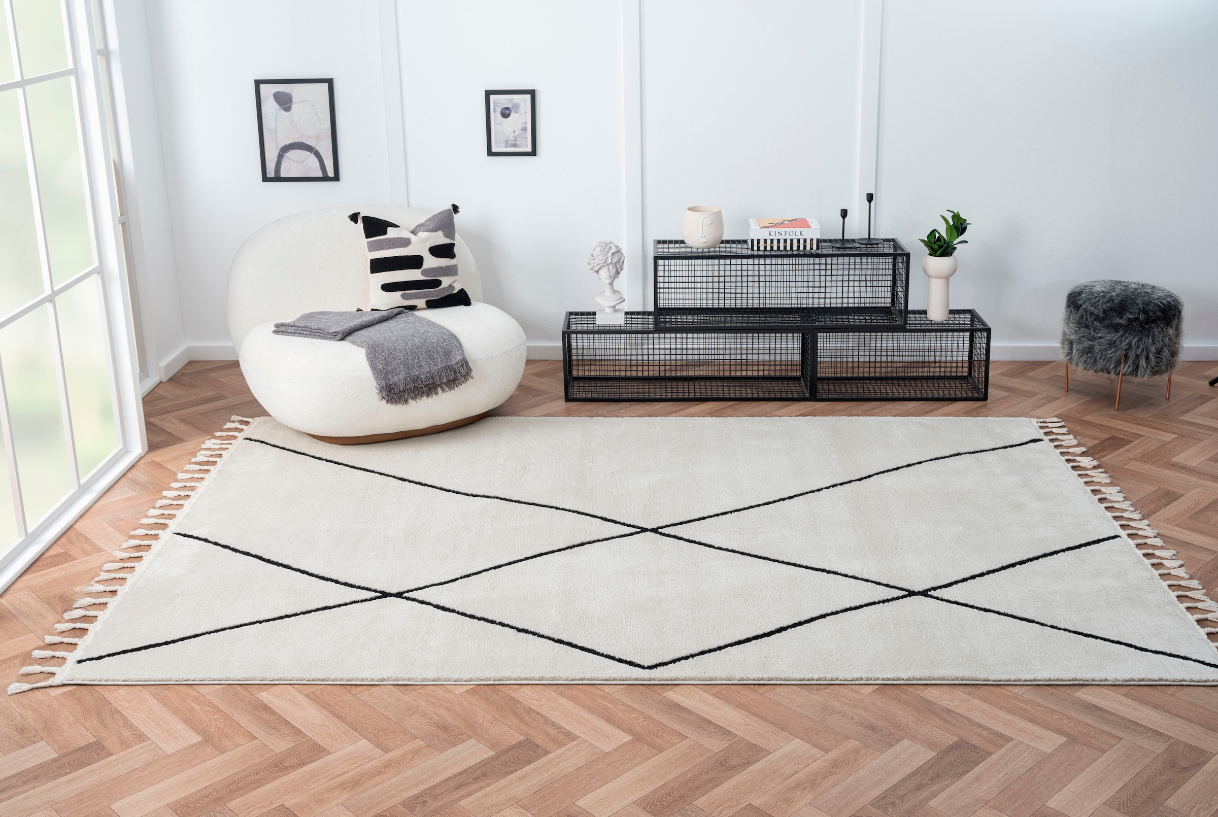 Myflair Möbel & Accessoires Hochflor-Teppich »Moroccan Signature«, rechteckig, 24 mm Höhe, modern, marokkanisches Design, Rauten Muster, weich, mit Fransen
