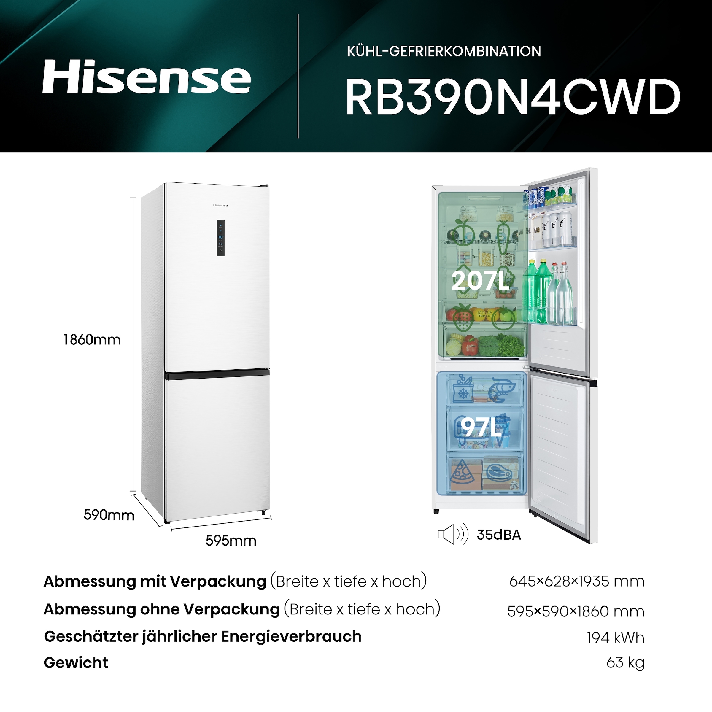 Hisense Kühl-/Gefrierkombination »RB390N4C«, RB390N4CWD, 186 cm hoch, 59,5 cm breit, Außen-Display