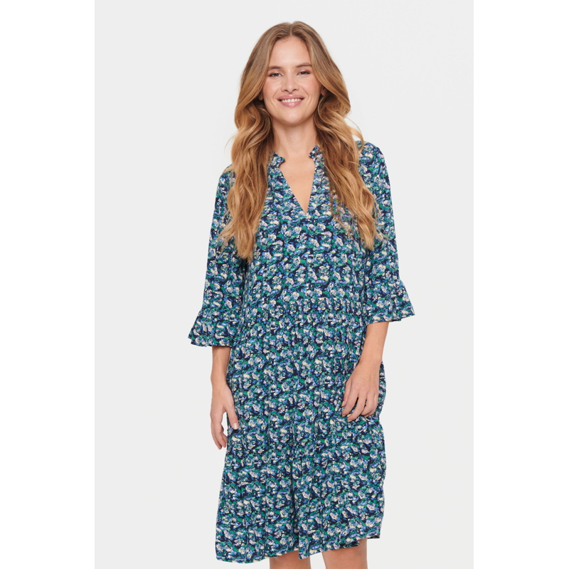 SAINT TROPEZ Blusenkleid »EdaSZ Dress« Sommerkleid, Tunikakleid mit Volant und 3/4 Ärmel Night Sky Flower Art XL (42) - N-Gr N-Gr XL (42) Bequeme...