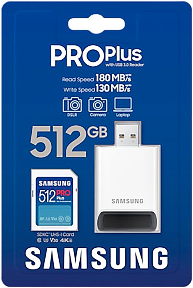Samsung Speicherkarte »PRO Plus SD (2023) + USB-Kartenleser«, (Video Speed Class 30 (V30)/UHS Speed Class 3 (U3) 180 MB/s Lesegeschwindigkeit)