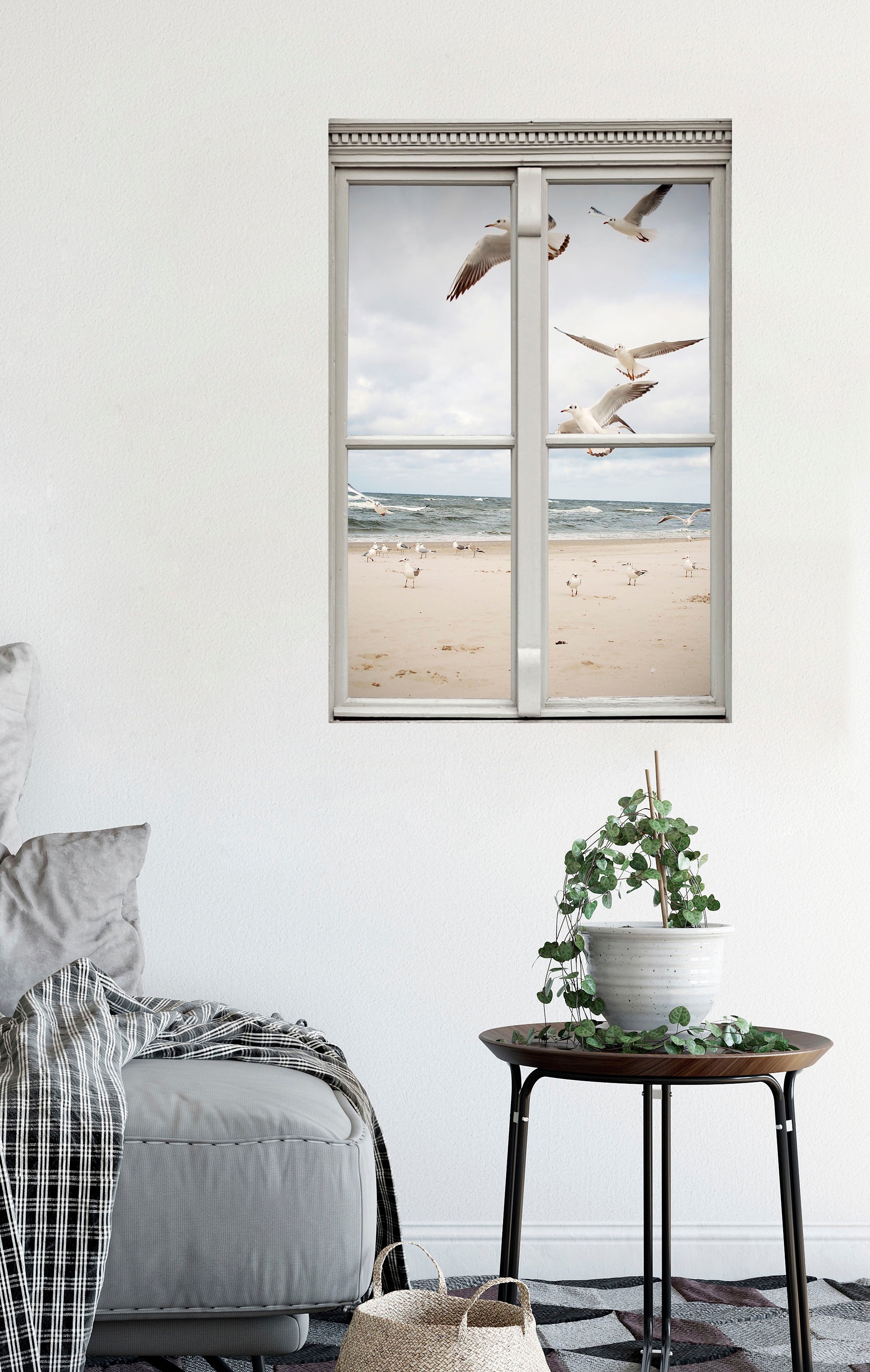 queence Wandsticker »Möwen am Strand«, Wandsticker, Wandbild, selbstklebend, 3D, Fenster