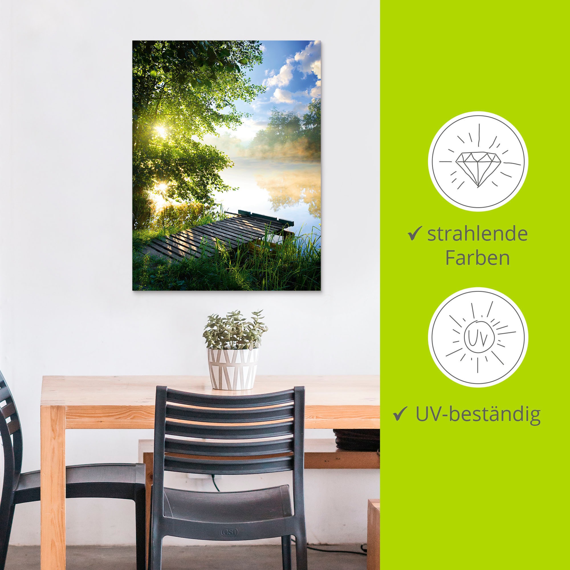 Artland Wandbild »Angelsteg am Morgen«, Gewässer, (1 St.), als Alubild, Outdoorbild, Leinwandbild, Poster, Wandaufkleber