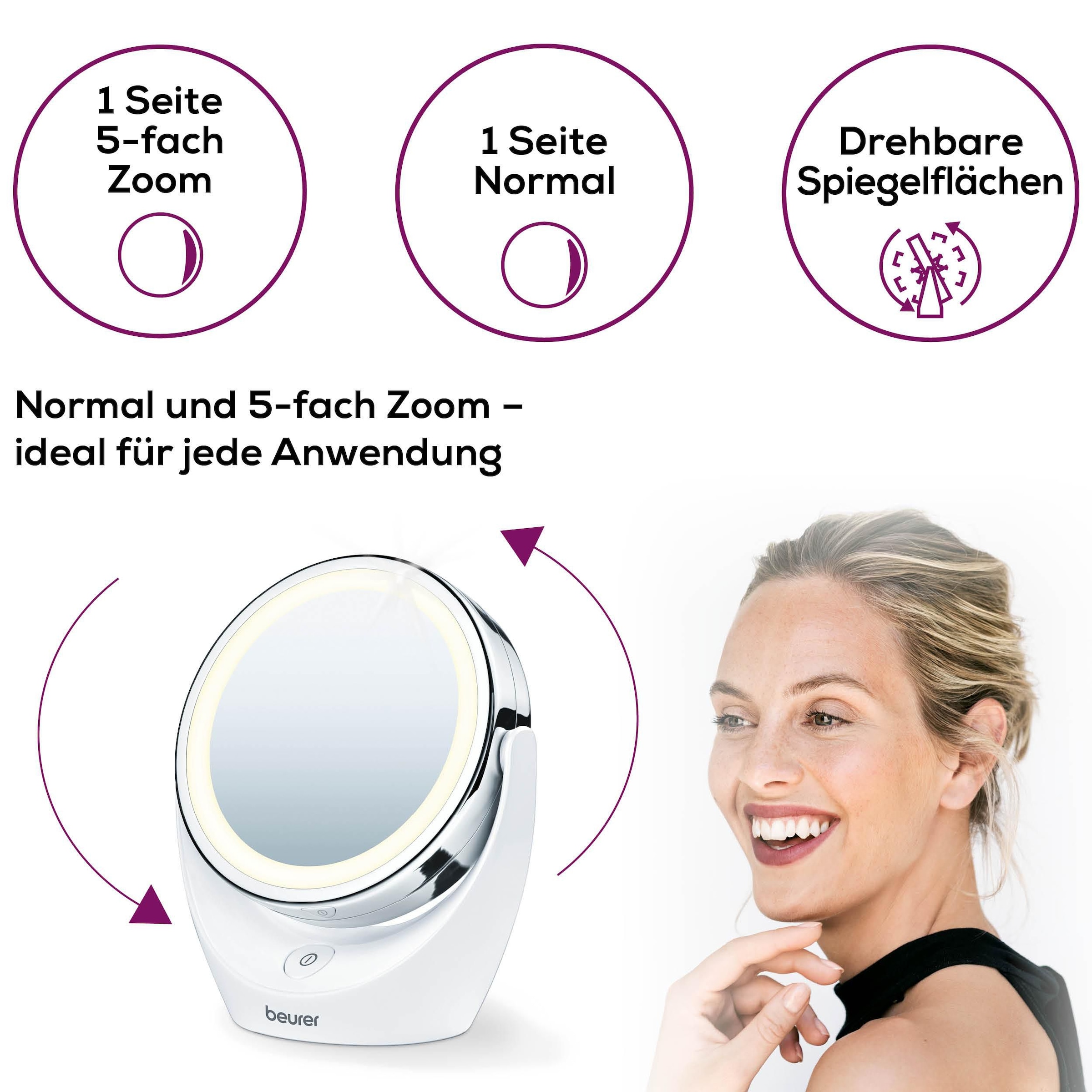 BEURER Kosmetikspiegel »BS 49 beleuchteter Kosmetikspiegel mit LED-Licht«, Mit 5-fach Vergrößerung für die Hautpflege und Beauty-Routine