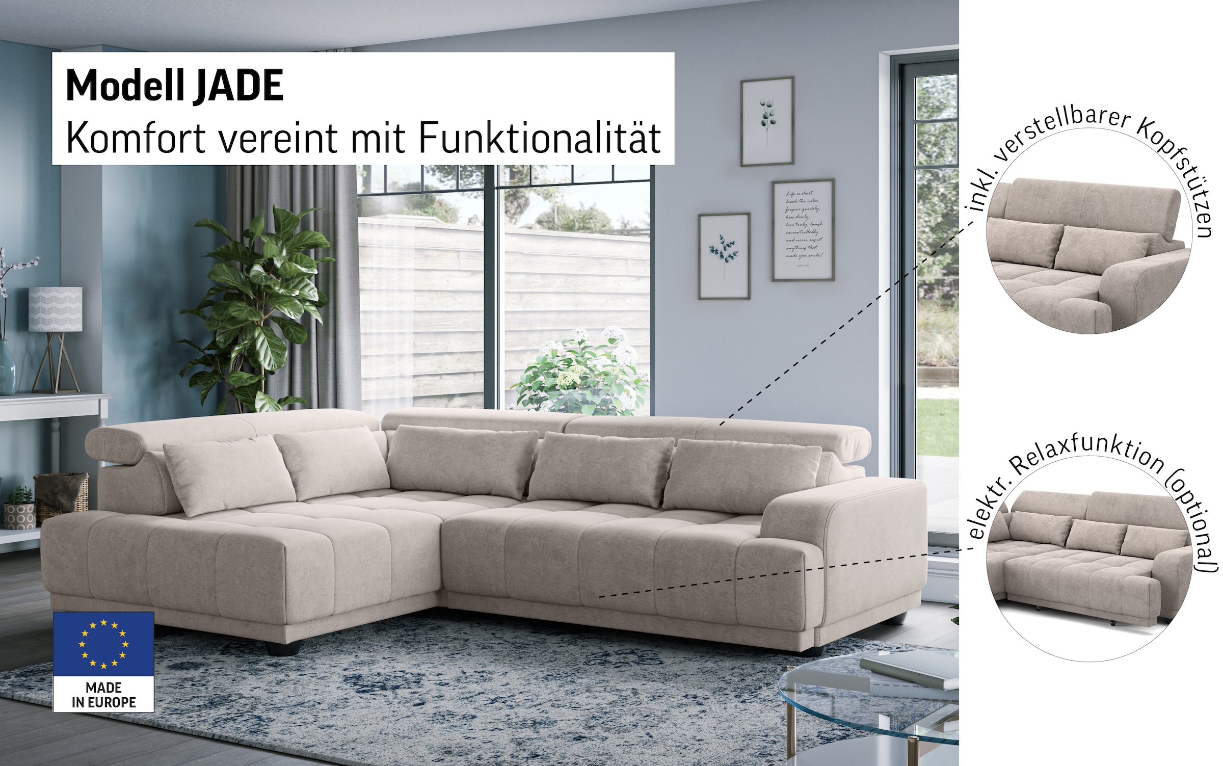 COTTA Ecksofa »Jade - L Form, Sitzbreite 201 cm« inkl. Kopfteilverstellung und Nierenkissen, PUR-Schaumpolsterung