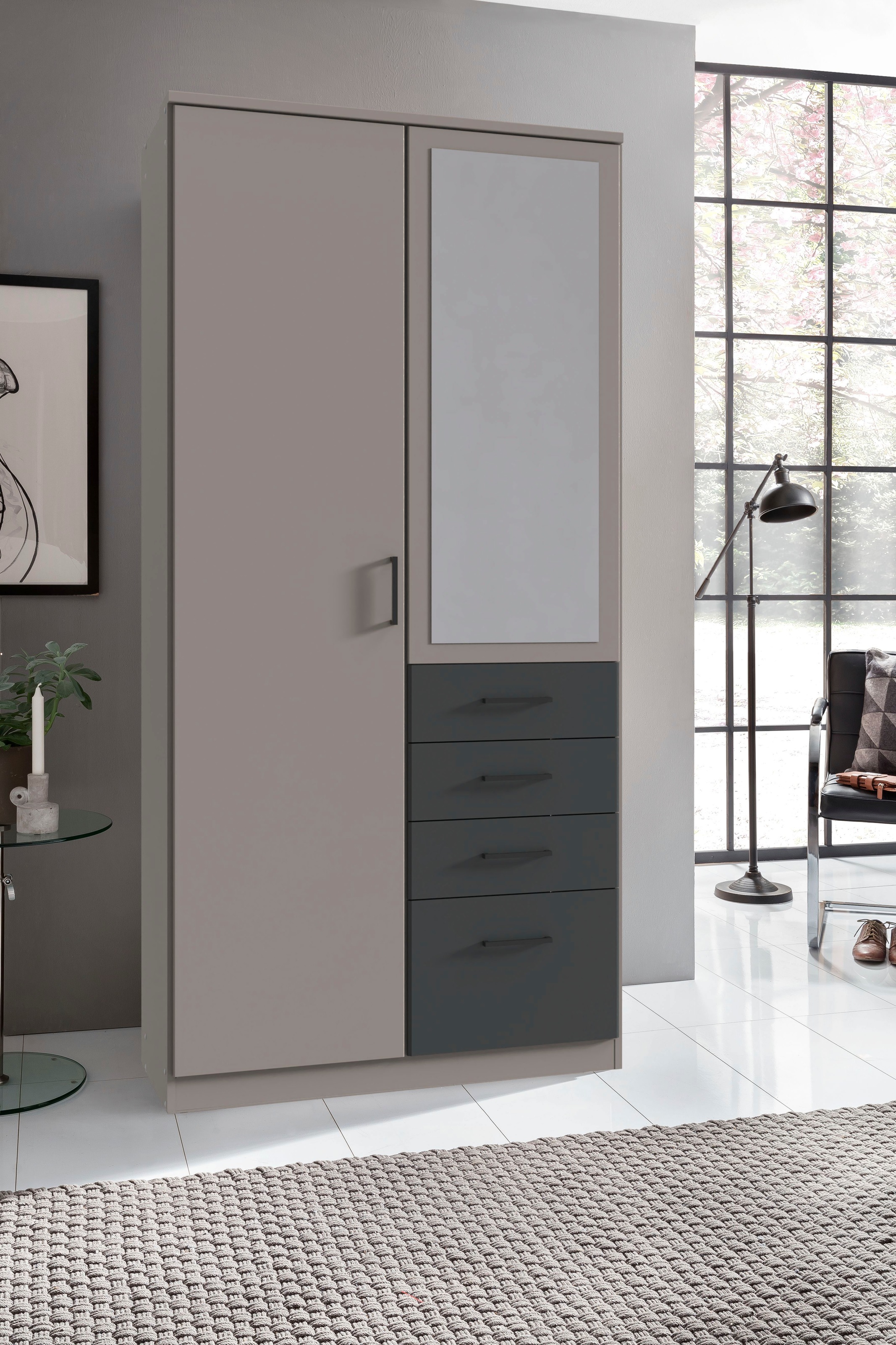 Wimex Kleiderschrank »Cottbus, in weiß oder grau modern kombiniert mit graphitfb.Schubladen«, (in 3 Größen, schwarze Griffe, Made in Germany), mit 4 Schubladen, wahlweise mit oder ohne Spiegel