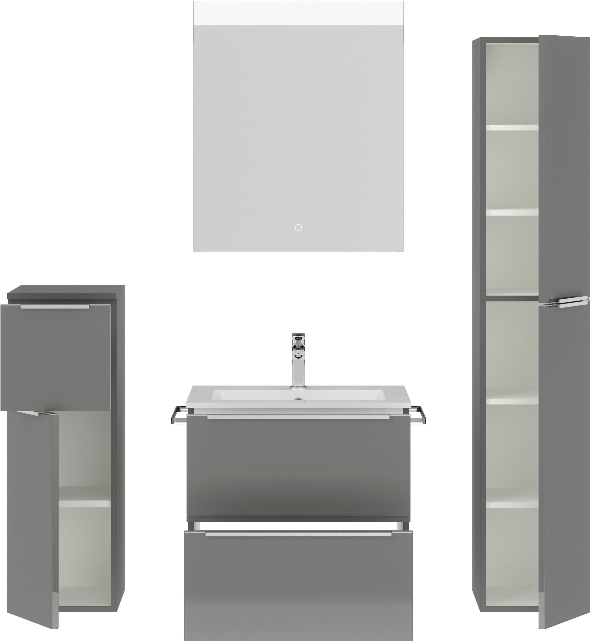 nobilia® Badmöbel-Set »Levere«, (4 St., vormontiert, mit Soft-Close), Hochglanz, inkl. Spiegel mit Touch-Sensor, in vier Breiten