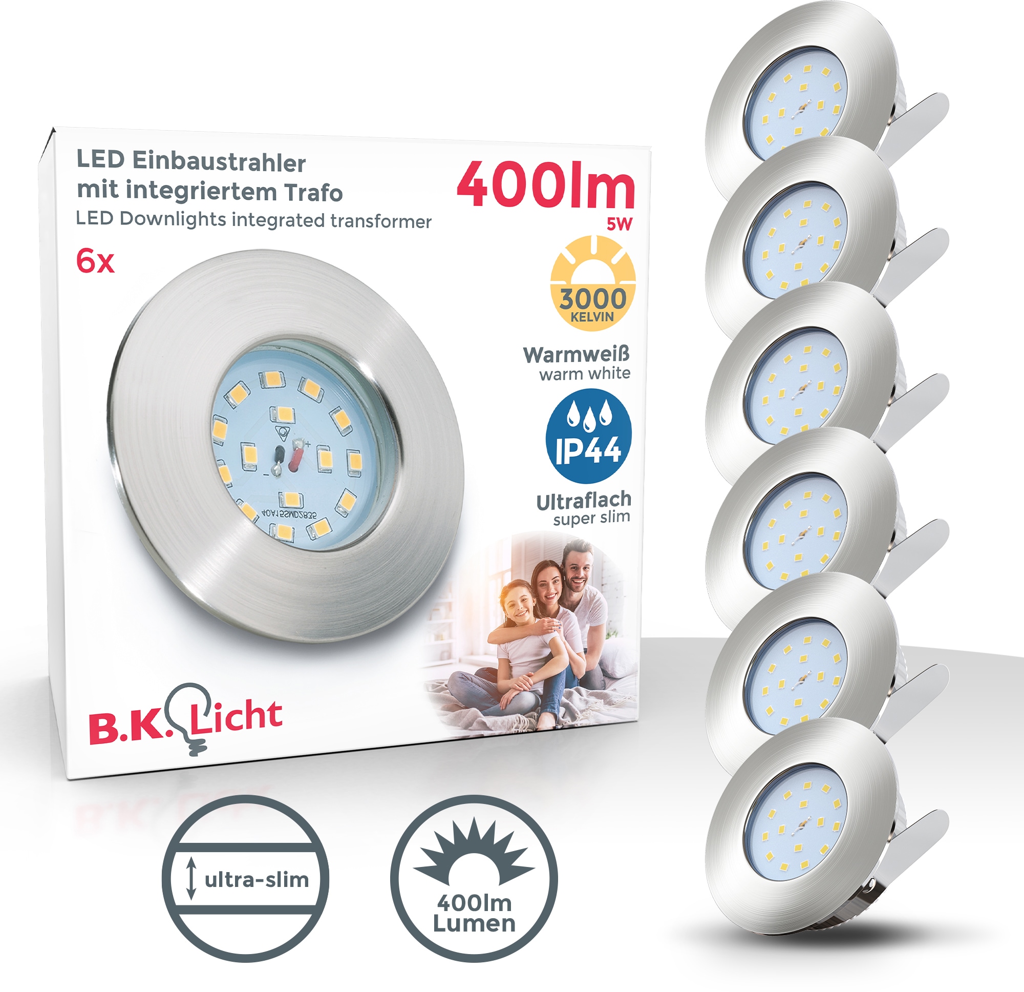 6X Ultra flach LED Einbauleuchten, dimmbar, 6W