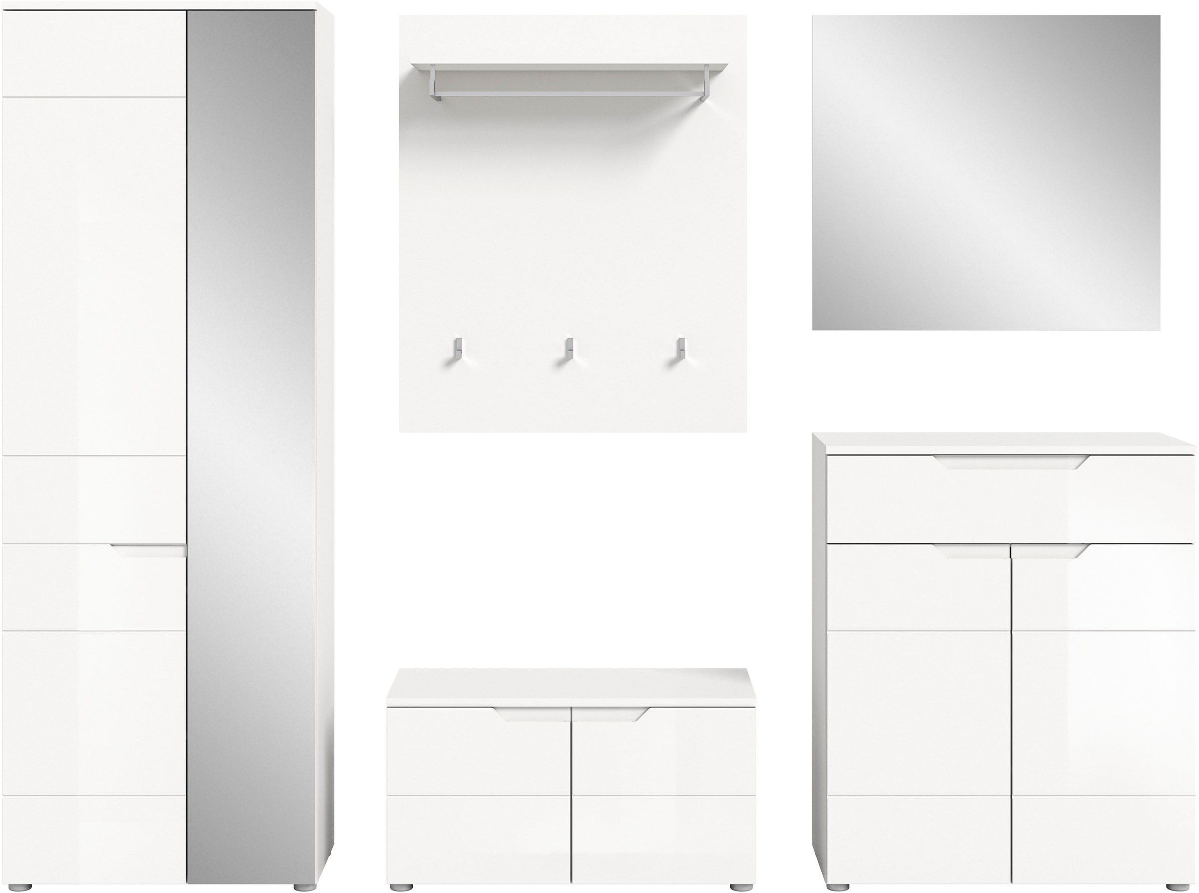 INOSIGN Garderoben-Set »CAPRI, 5-teilig, mit eingefasster Griffmulde, bestehend aus:«, (5 St.), Garderobenschrank, Sitzbank, Garderobenpaneel, Schuhkommode, Spiegel