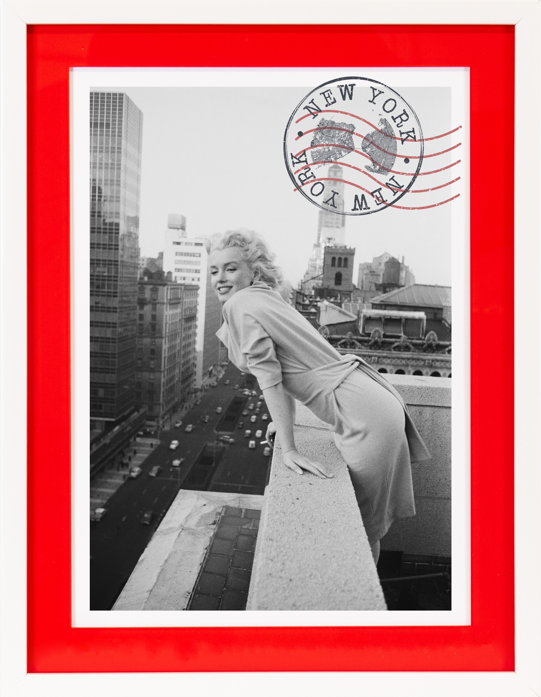 queence Bild mit Rahmen »Postkarte, Marilyn Monroe«, Amerika-Bilder von Amerika-Bilder von Frauen-Film-Filmfiguren-Foto-Frau-Gebäude-New York-Postkarten-Schwarz-Weiß, (1 St.), Poster mit buntem Acrylglas Passepartout