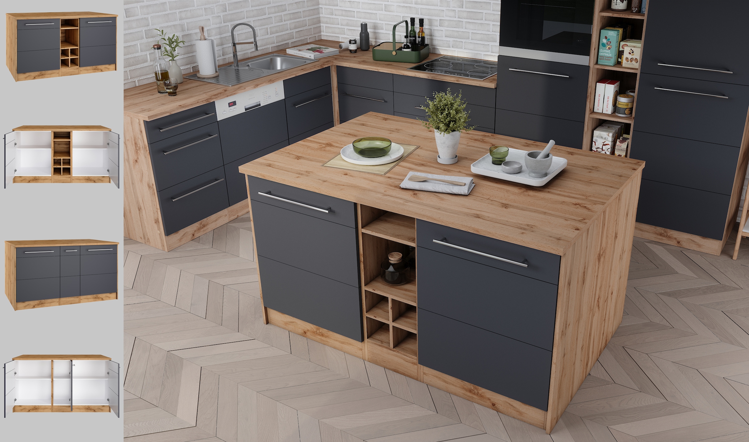 KOCHSTATION Kücheninsel »KS-Wien«, Breite 153 cm, MDF-Fronten, Flaschenregal