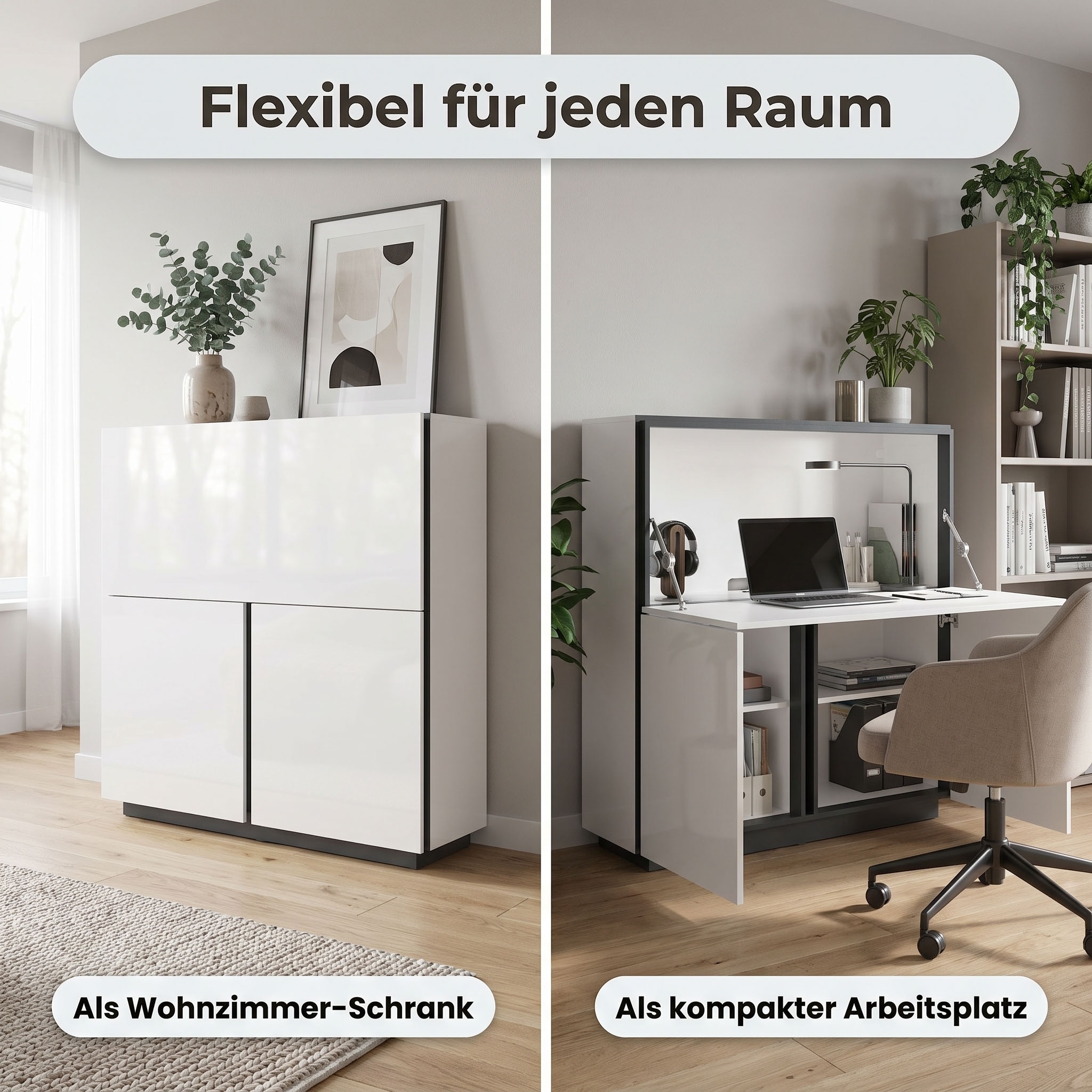 byLIVING Sekretär »IDAHO« Weiß Hochglanz, 2 Türen, 1 Klapptür, 3 Fächer, Griffnut, B: 120 cm