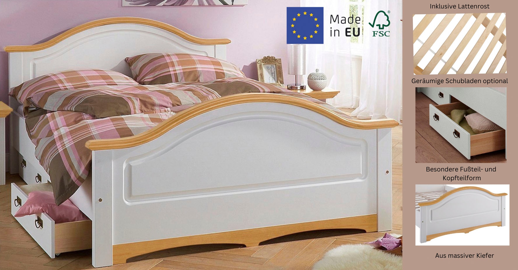 Home affaire Massivholzbett »Konrad, hohe Belastbarkeit! FSC® zertifiziertes Massivholz«, (Breite/Belastbarkeit 180cm/220 KG, 140cm/180 KG), aus massivem Kiefernholz, FSC®-zertifiziert, INKLUSIVE Rollrost
