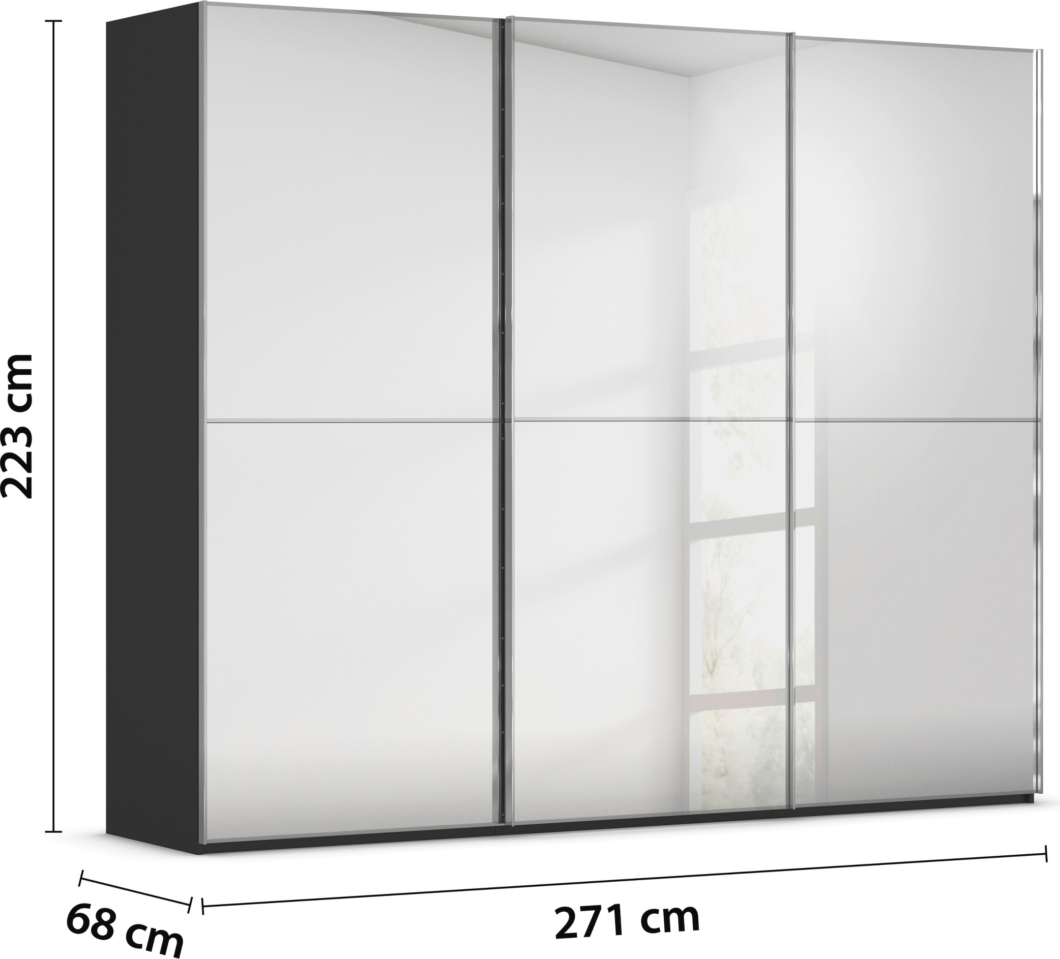 rauch Schwebetürenschrank »Kleiderschrank Schrank Garderobe Schlafzimmerschrank SCALE-DUO«, edle zweigeteilte Türen Spiegelfront und 3 Zierleisten MADE IN GERMANY