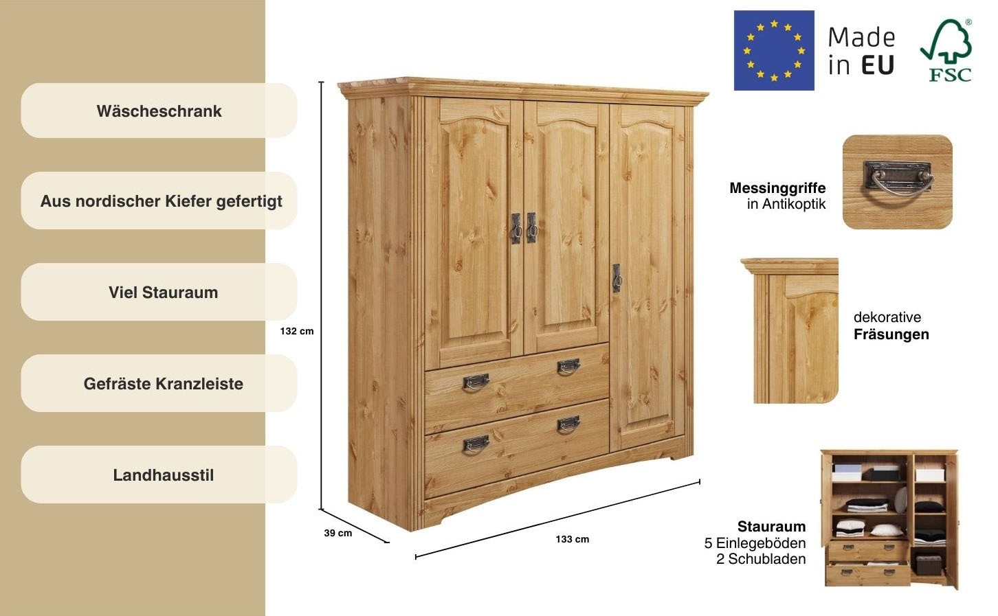 Home affaire Wäscheschrank »Konrad«, (2 Breiten: 94/133 cm H/T ca. 132/39 cm), aus massiver Kiefer, mit viel Stauraum