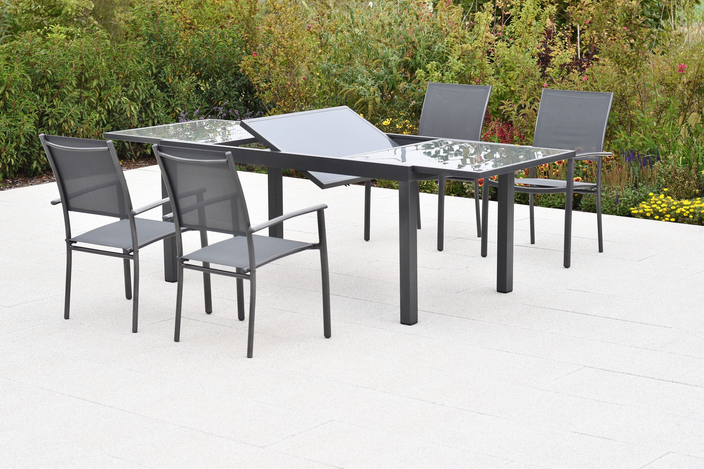 MERXX Garten-Essgruppe »»Milano«« Set, 5 Stk. tlg. Sessel stapelbar, Tisch ausziehbar