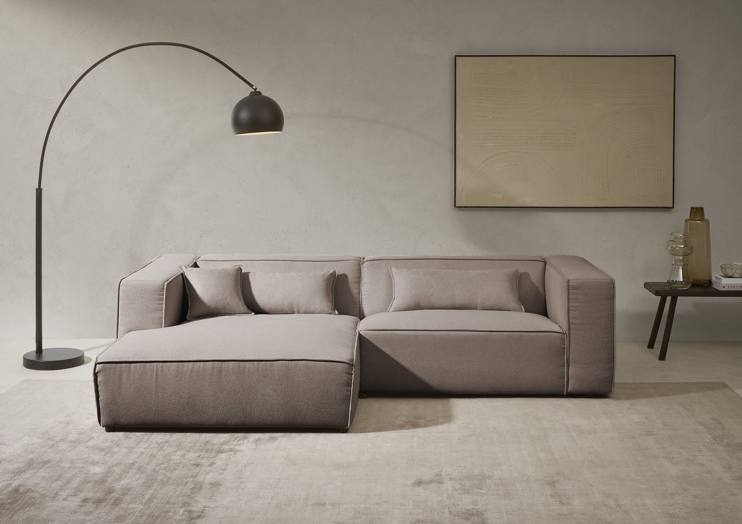 LeGer Home by Lena Gercke Ecksofa »PIARA mit Kedernaht in Cord oder Leinenoptik, moderne Couch in L-Form«, wahlweise Ottomane rechts/links, schwarze Füße, bequemer Sitzkomfort