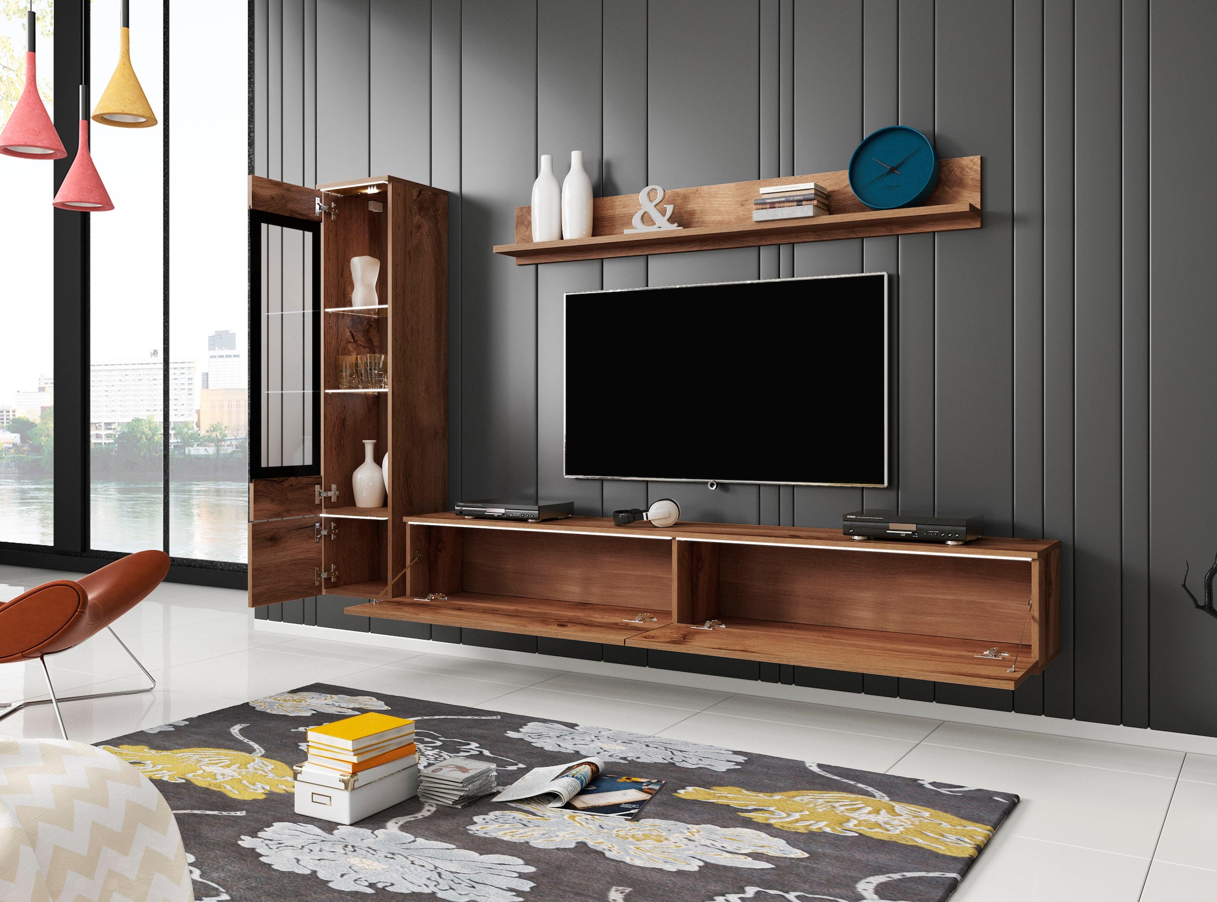 INOSIGN Wohnwand »VERA I, Vitrinen Türanschlag links/rechts wechselbar«, (Komplett-Set, 3 St.), Mediawand 230 cm, Vitrine mit Verglasung, stehend und hängend