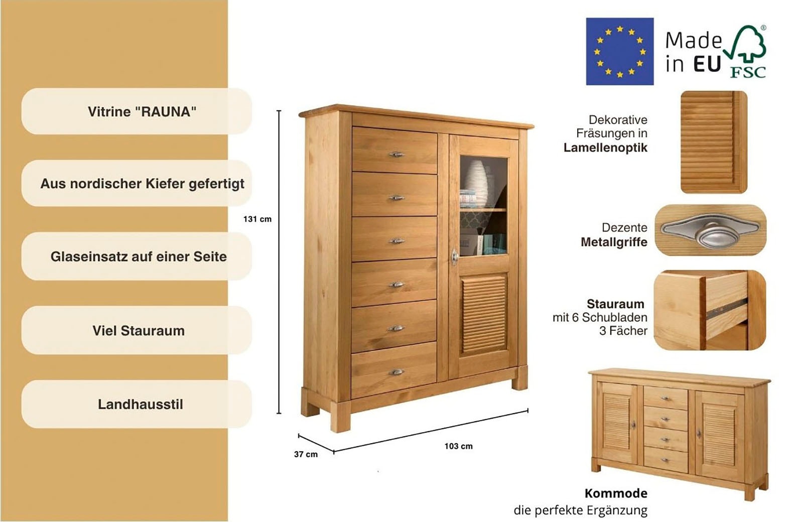 Home affaire Highboard »Rauna«, Vitrine, Breite 103 cm