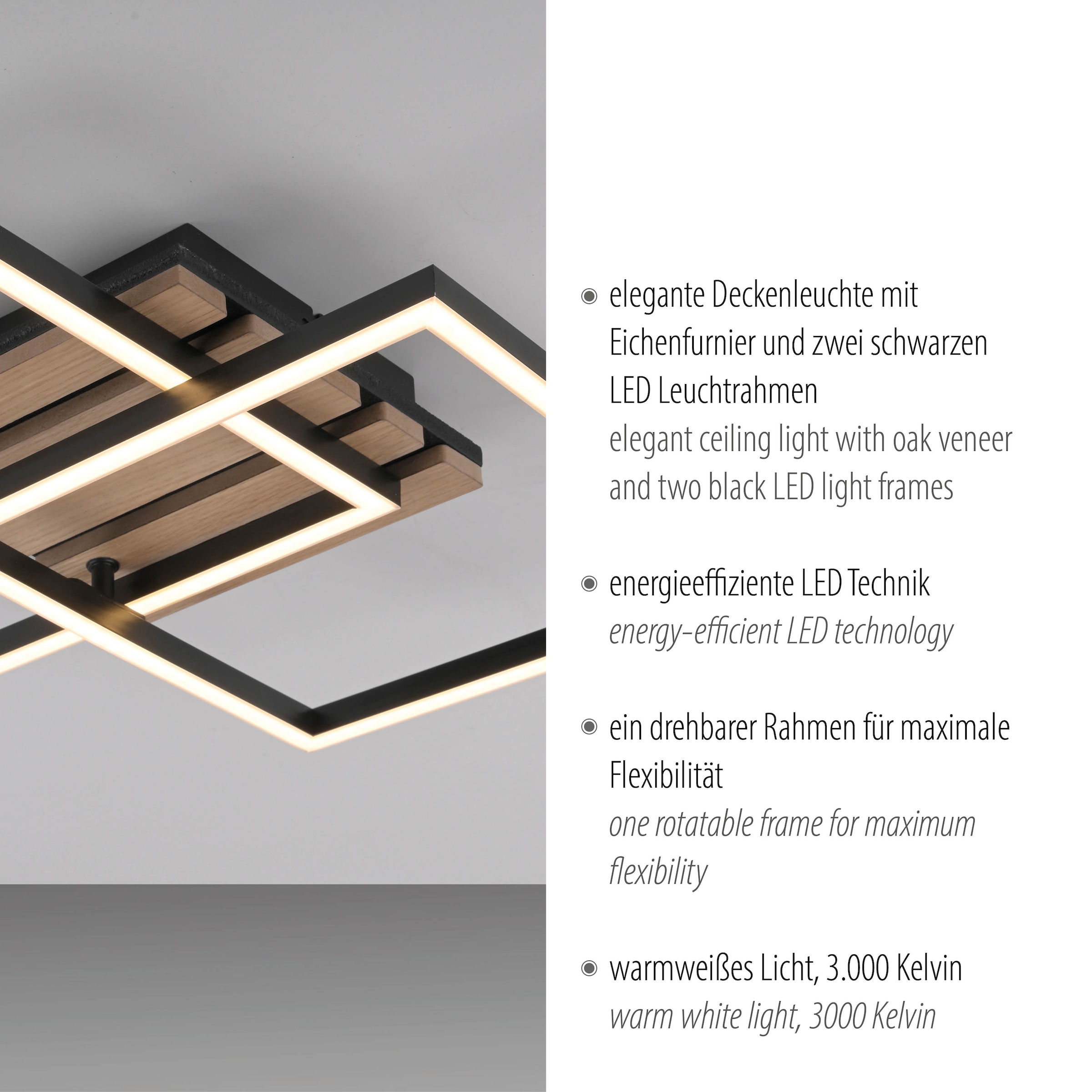JUST LIGHT LED Deckenleuchte »AKUSTIKA« LED-Board 1 Stk. Warmweiß Eichenfurnier und schwarz, Rahmen drehbar