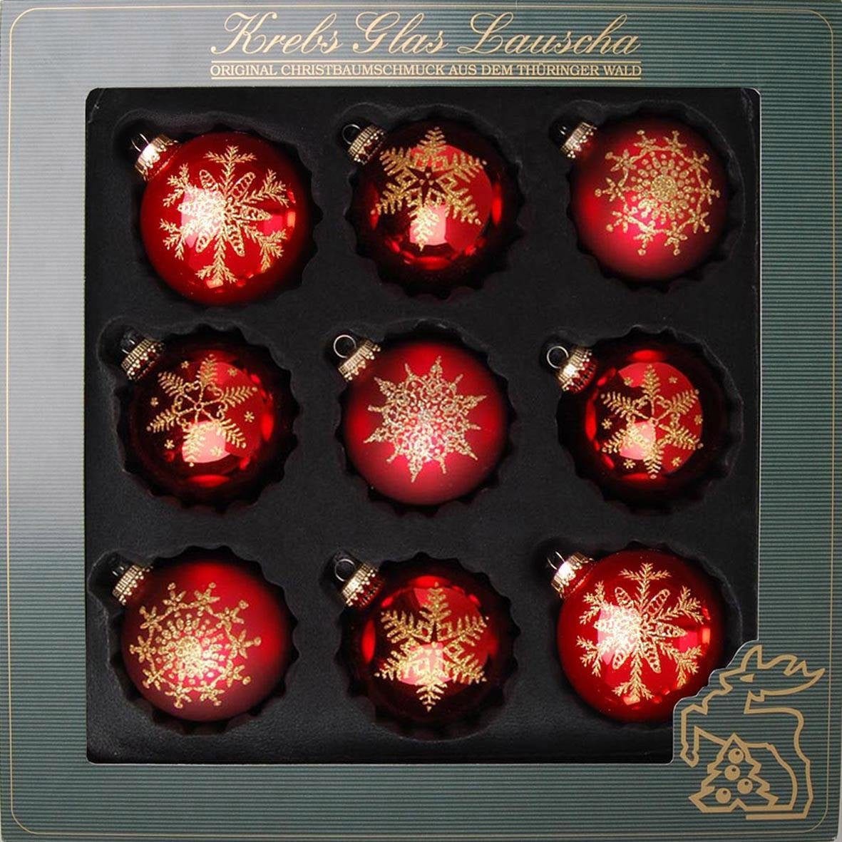 Krebs Glas Lauscha Weihnachtsbaumkugel »Schneeflocke, Weihnachtsdeko rot, Christbaumschmuck«, (Set, 9 St.), hochwertige Christbaumkugeln aus Glas, mundgeblasen, rot