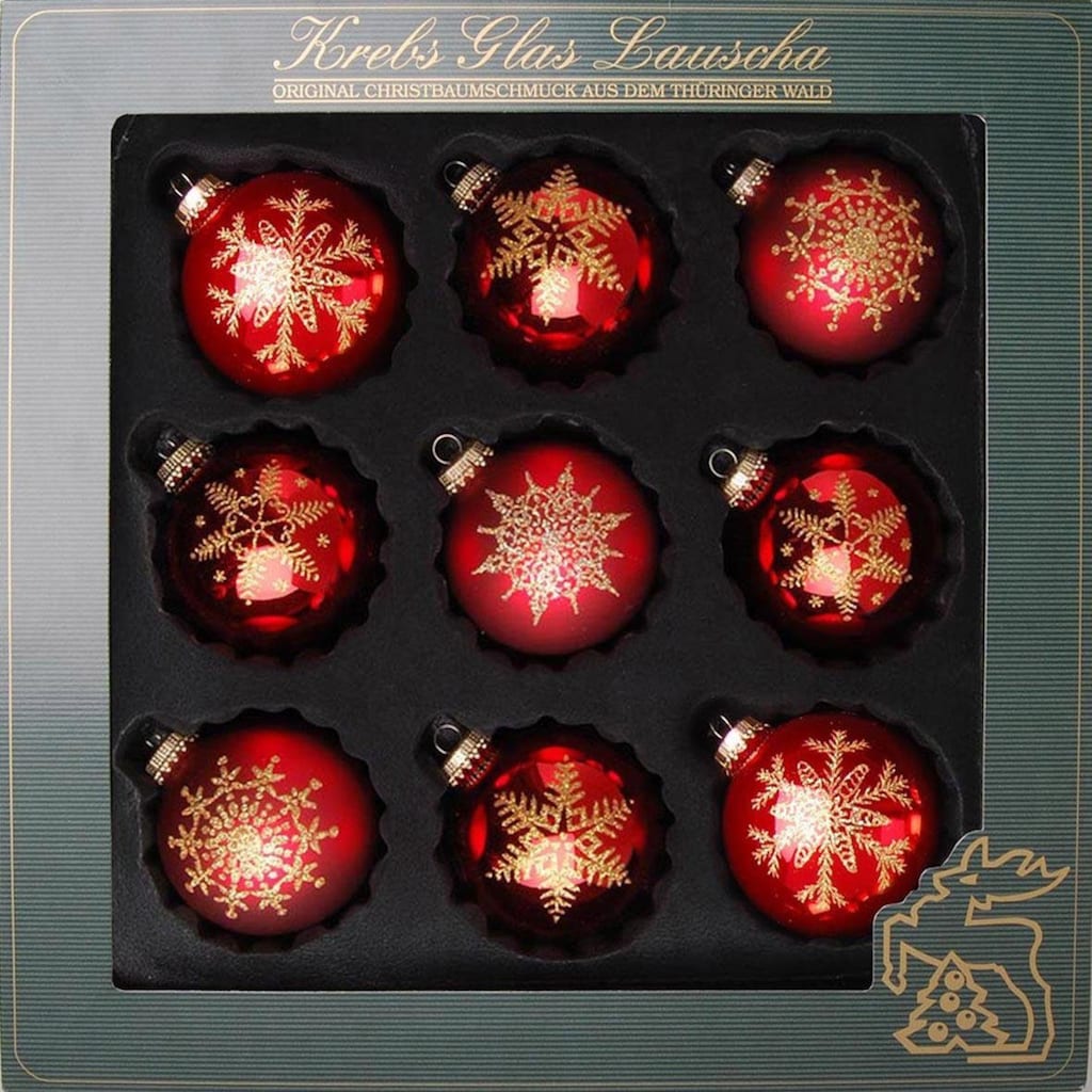Krebs Glas Lauscha Weihnachtsbaumkugel »Schneeflocke, Weihnachtsdeko rot, Christbaumschmuck«, (Set, 9 St.)