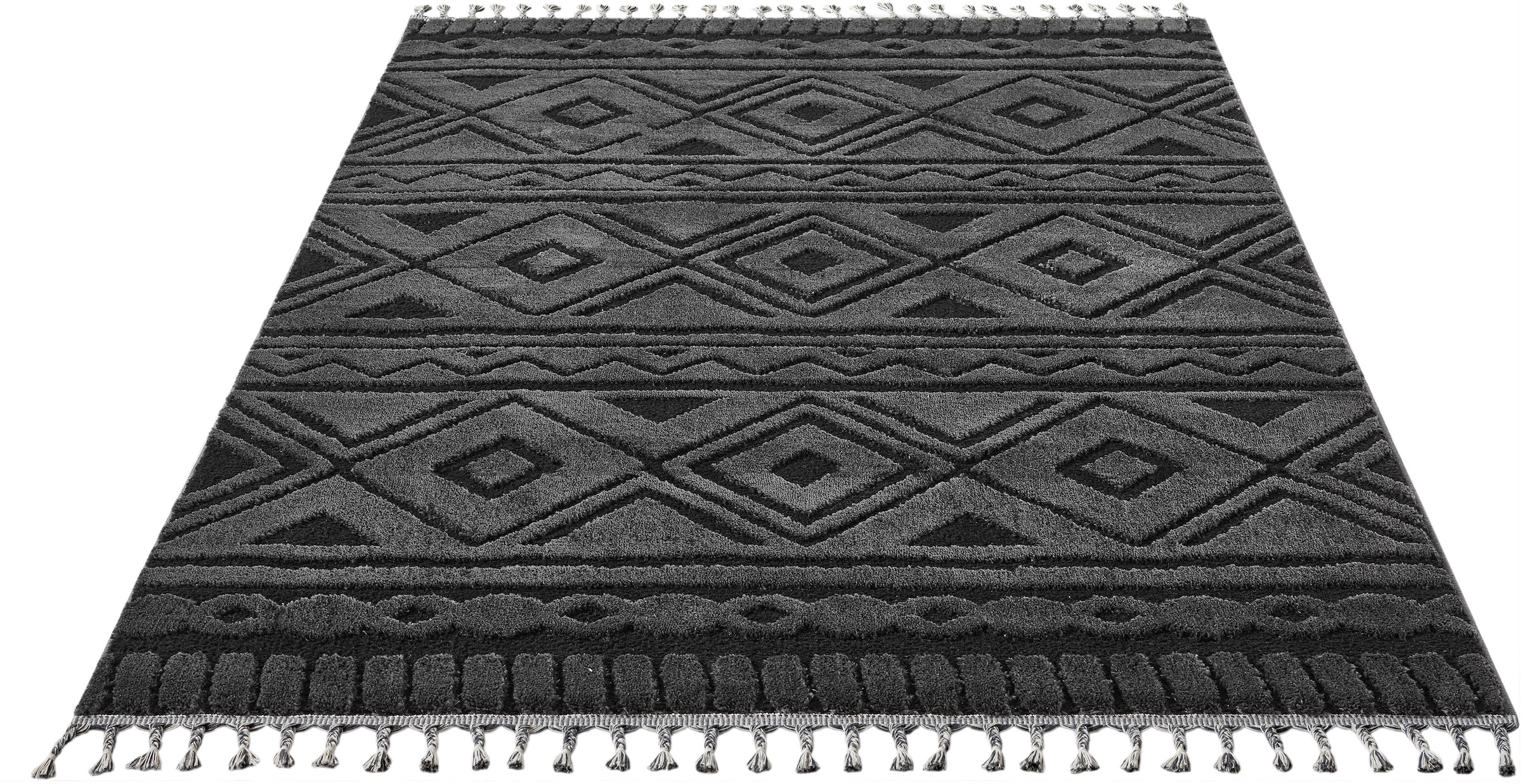 my home Teppich »Bonvo« rechteckig 19 mm Höhe mit Fransen, Hoch-Tief-Struktur, Wohnzimmer, Schlafzimmer, Boho-Style