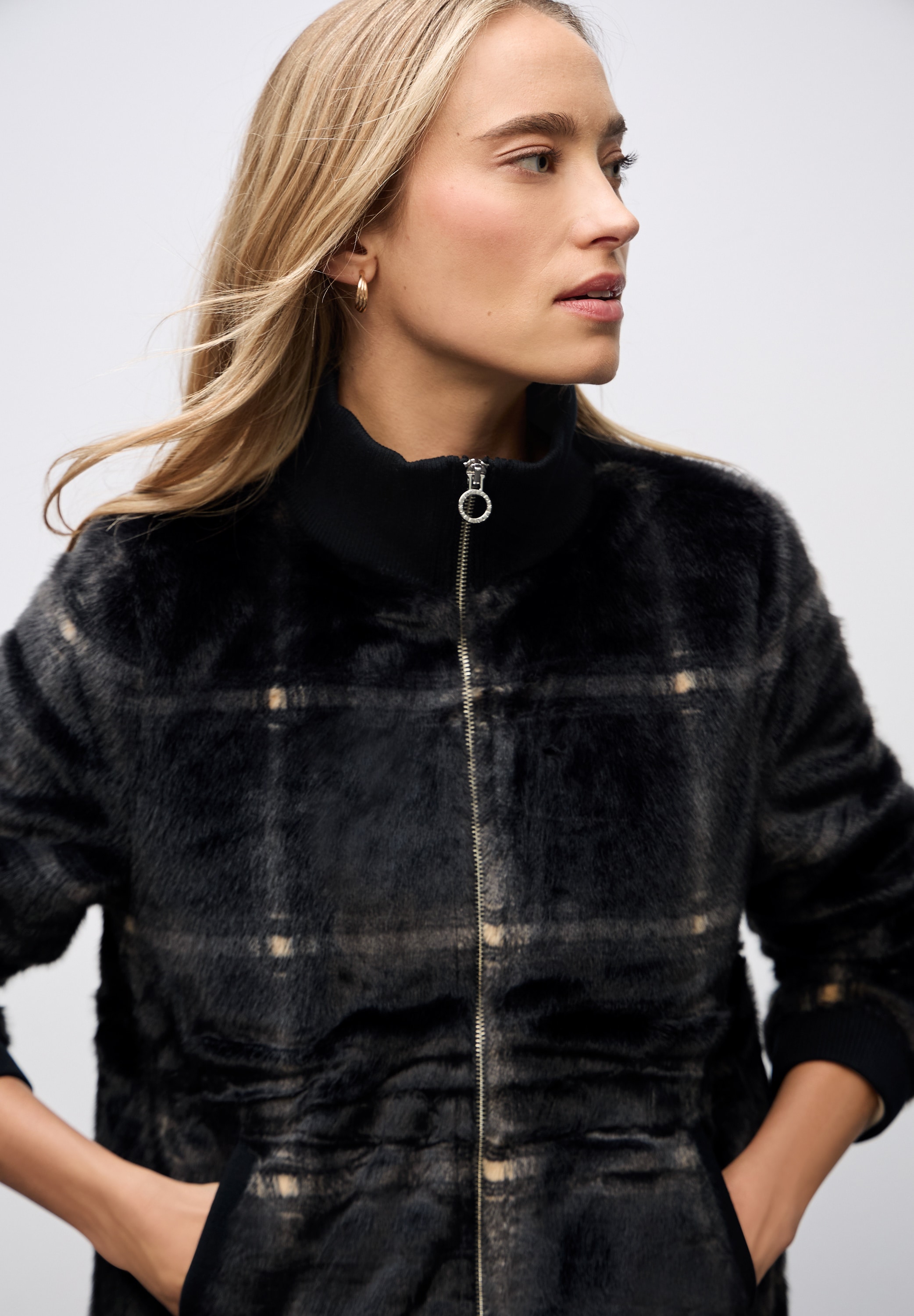 STREET ONE Fellimitatjacke ohne Kapuze Karierte Fake Fur Jacke