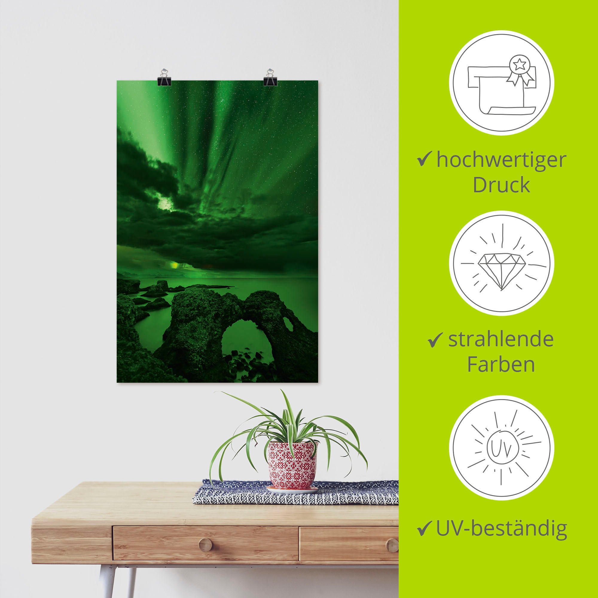 Artland Wandbild »Polarlicht über einem Felsentor«, Himmelsbilder, (1 St.), als Alubild, Leinwandbild, Wandaufkleber oder Poster in versch. Größen