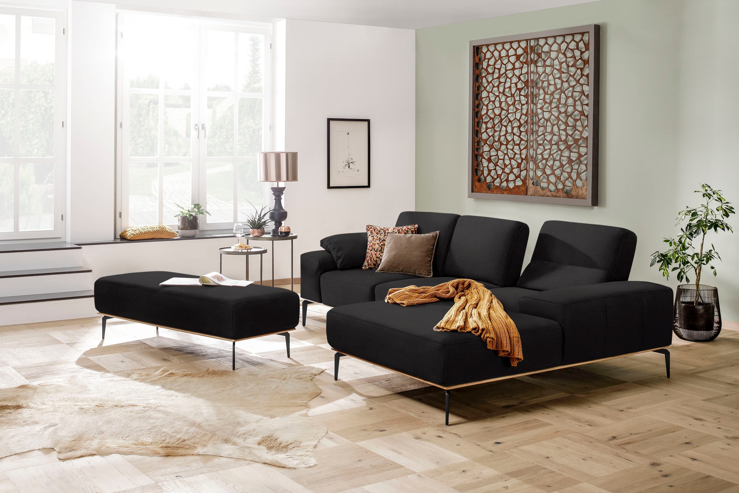 W.SCHILLIG Ecksofa »run, Designsofa mit tollem Sitzkomfort, bequem, L-Form«, mit Holzsockel, Füße in Schwarz pulverbeschichtet, Breite 279 cm
