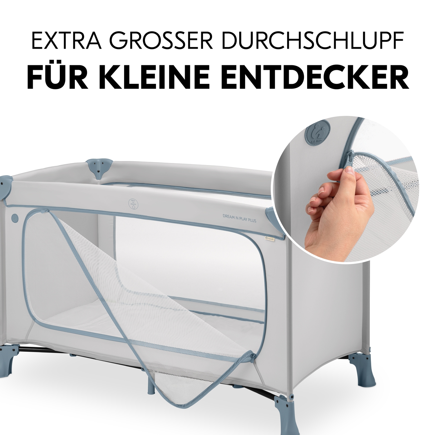 Hauck Baby-Reisebett »Dream N Play Plus, Dusty Blue«, Vorderausstieg