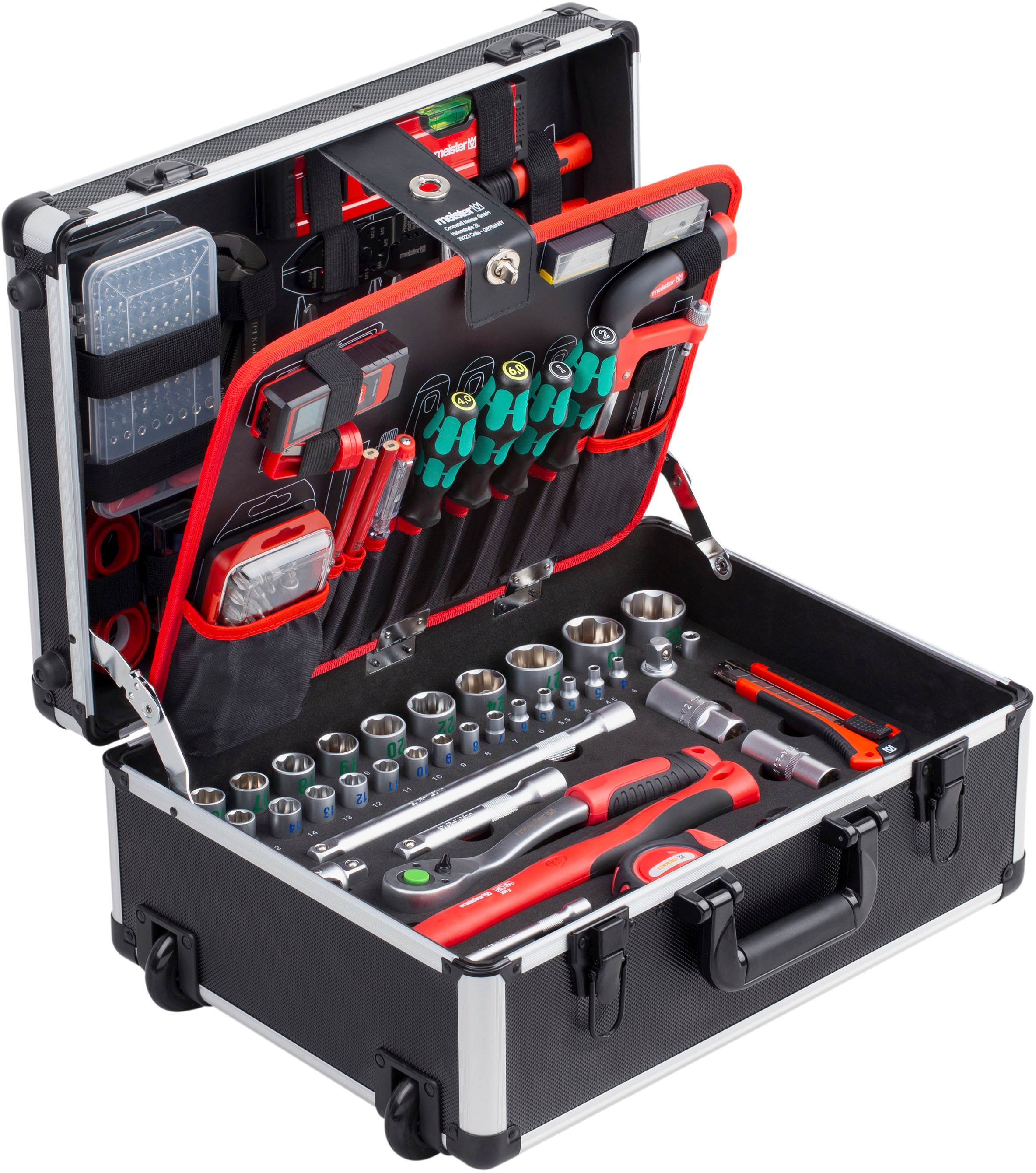 meister Werkzeugset »Werkzeugtrolley«, (238 tlg.), Qualitätswerkzeug von Knipex und Wera, Rollen und Teleskophandgriff