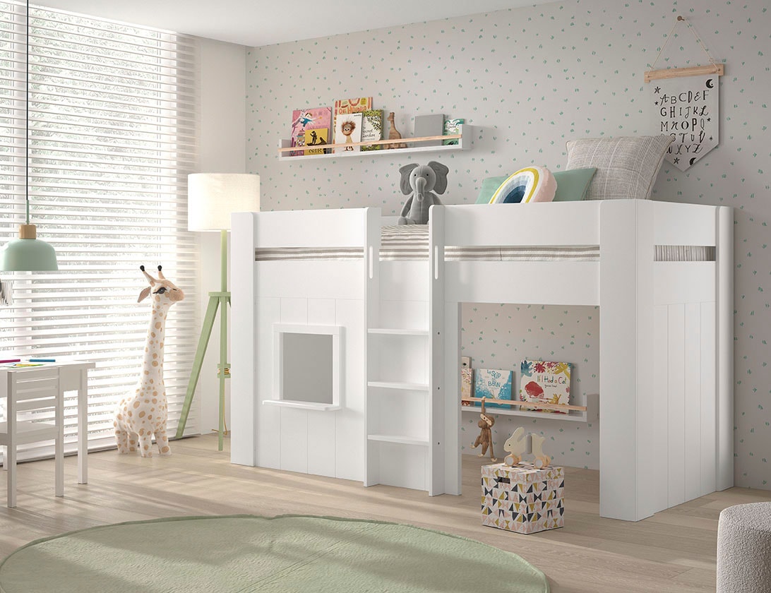 Vipack Hochbett »Reno, ein tolles Hüttenbett mit hoher Standfestigkeit, weiß lackiert«, (B/H/T ca. 206x120,1x105cm, Leiter mittig, Fenster und Absturzschutz), inkl. Rolllattenrost, Rückseite offen und Spielfläche unter dem Bett