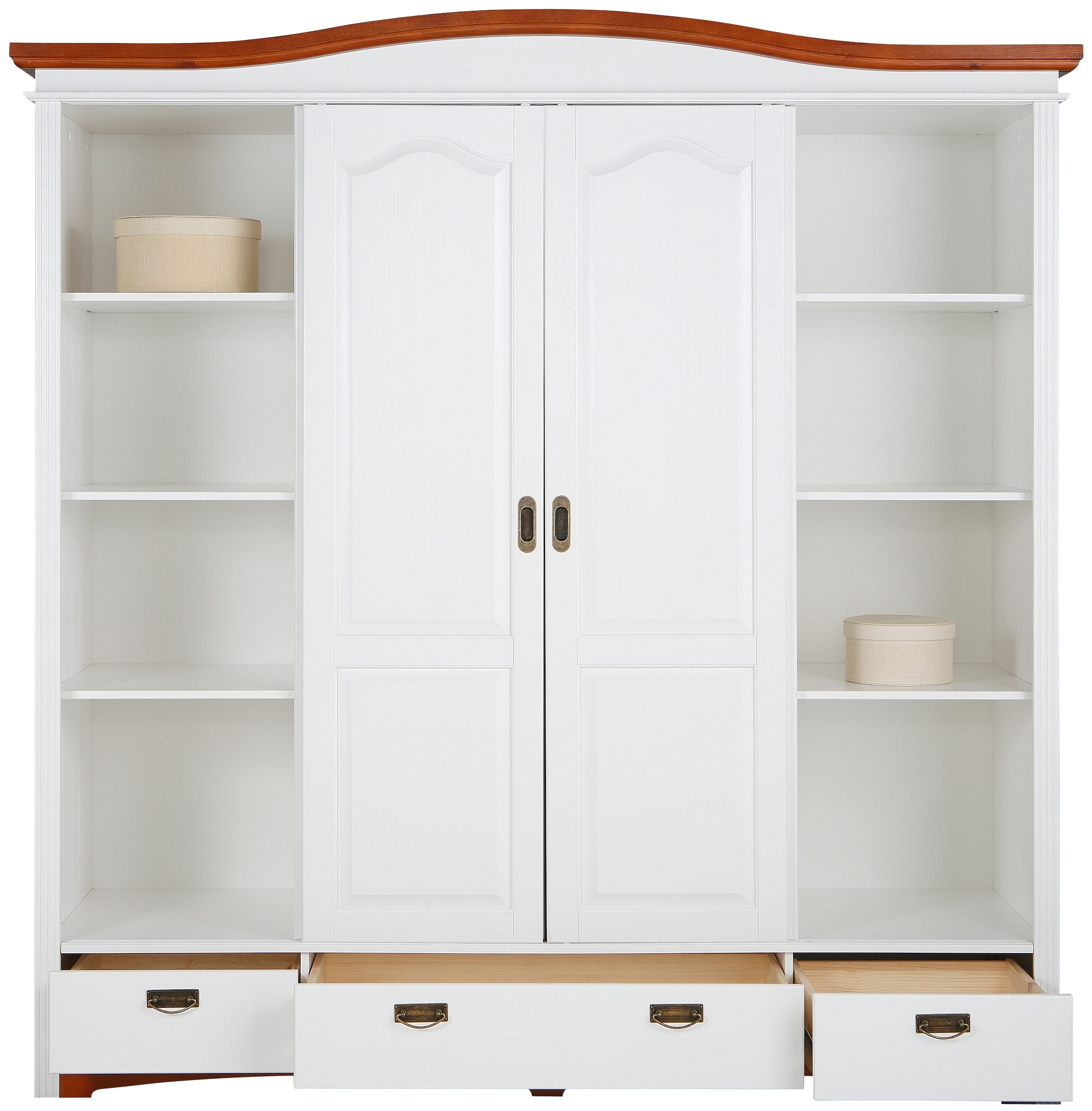 Home affaire Schiebetürenschrank »Konrad, Landhausstil, rustikal, mit Schubladen + Spiegel, Kassetten«, (3 Breiten: 153/202/249 cm H/T ca.207/64 cm), massive Kiefer, FSC®-zertifiziert, Messinggriffe, mehrere Varianten
