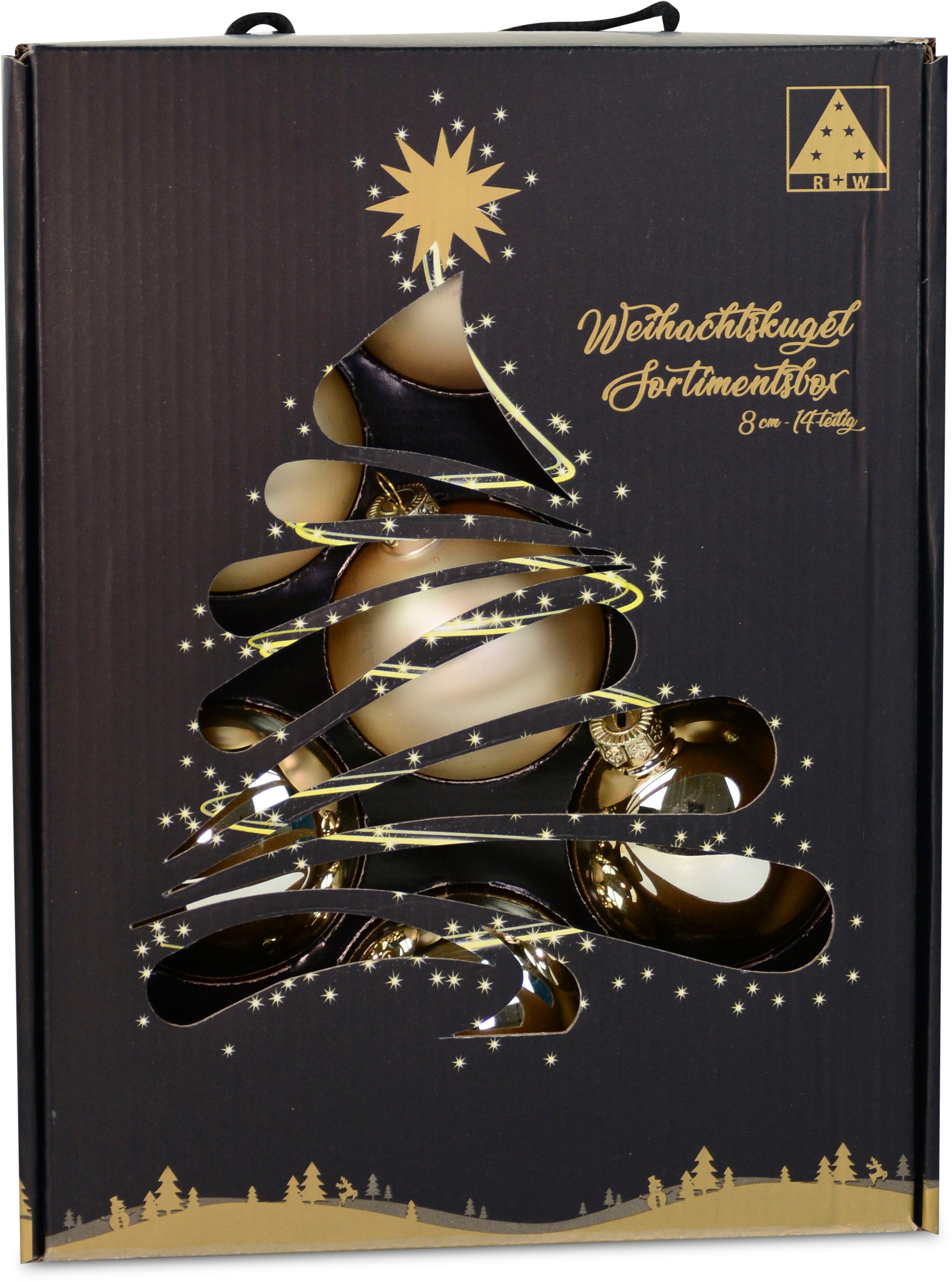 RIFFELMACHER & WEINBERGER Weihnachtsbaumkugel »Weihnachtsdeko, Christbaumschmuck, Christbaumkugeln, champagnerfarben«, (Set, 14 St.), Ø ca. 8 cm, aus Glas, mit praktischer Aufbewahrungsbox