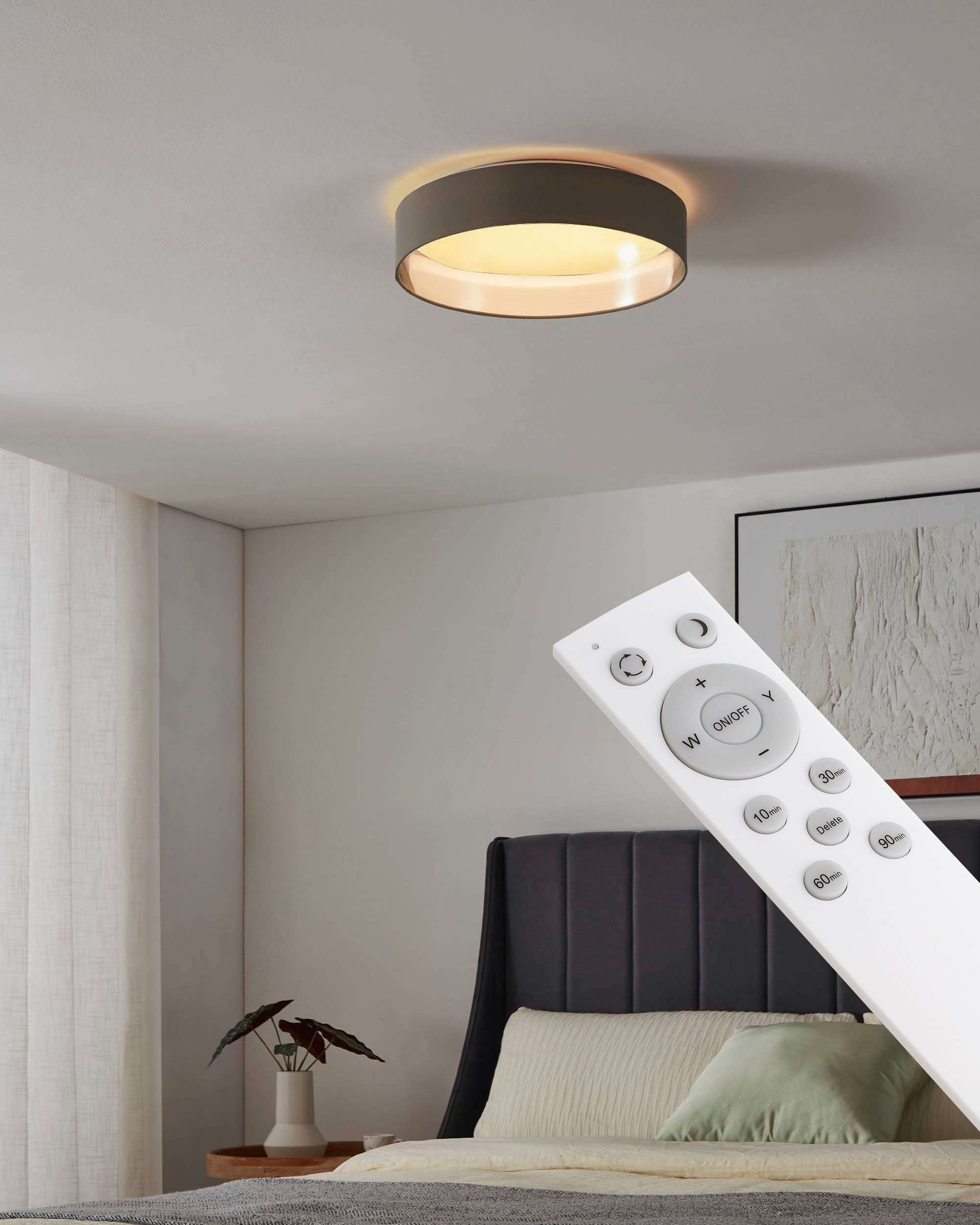 Leonique LED Deckenleuchte »Juria«, 1 flammig, Leuchtmittel LED-Modul | LED fest integriert, Deckenlampe Ø38 x H9 cm mit Textil-/Stoffschirm, CCT, Fernbedienung