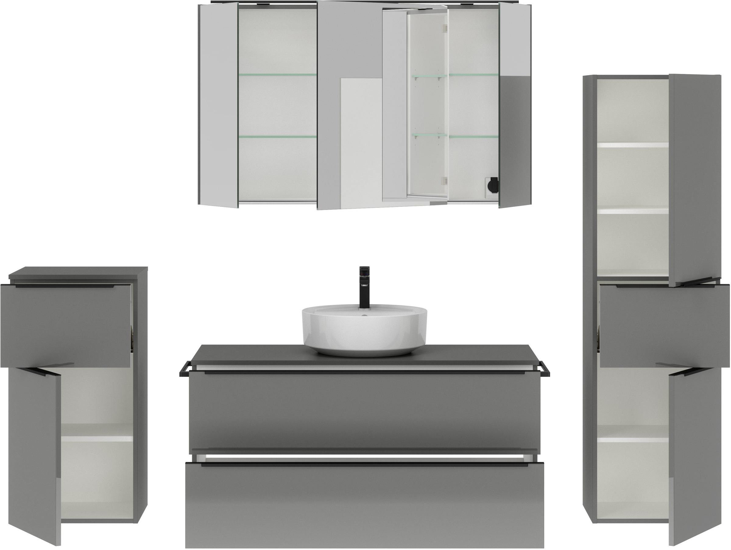 nobilia® Badmöbel-Set »Alvene«, (4 St., vormontiert, mit Soft-Close), inkl. Spiegelschrank mit Beleuchtung und Dimmerfunktion, in 4 Breiten