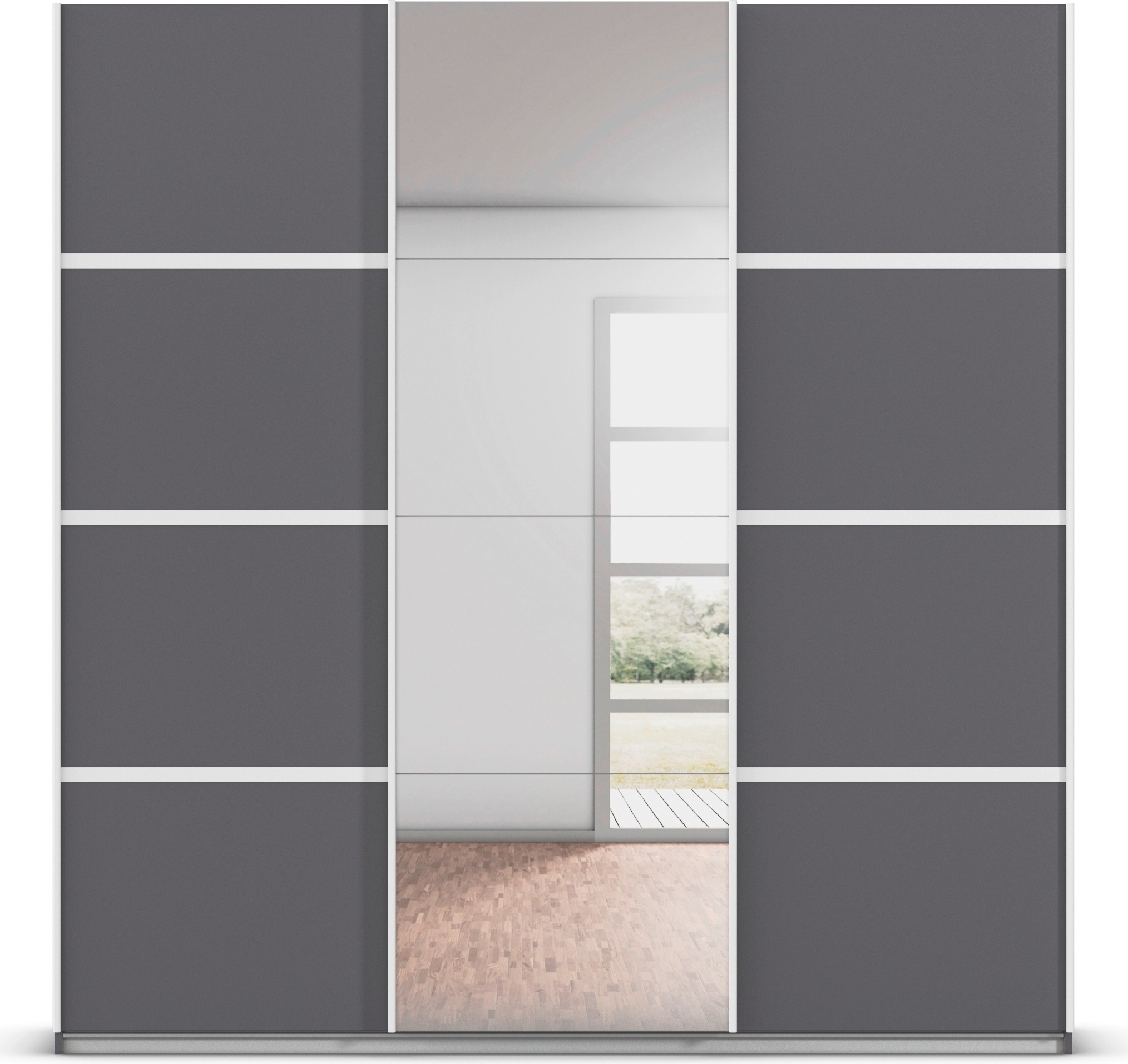 rauch Kleiderschrank »Schwebetürenschrank Garderobe Schrank TOP ANGEBOT Avola«, (in 3 verschiedenen Ausstattungen BASIC/CLASSIC/PREMIUM inkl. Spiegel), mit eleganten Zierleisten in Chrom, Schwarz oder Weiß MADE IN GERMANY