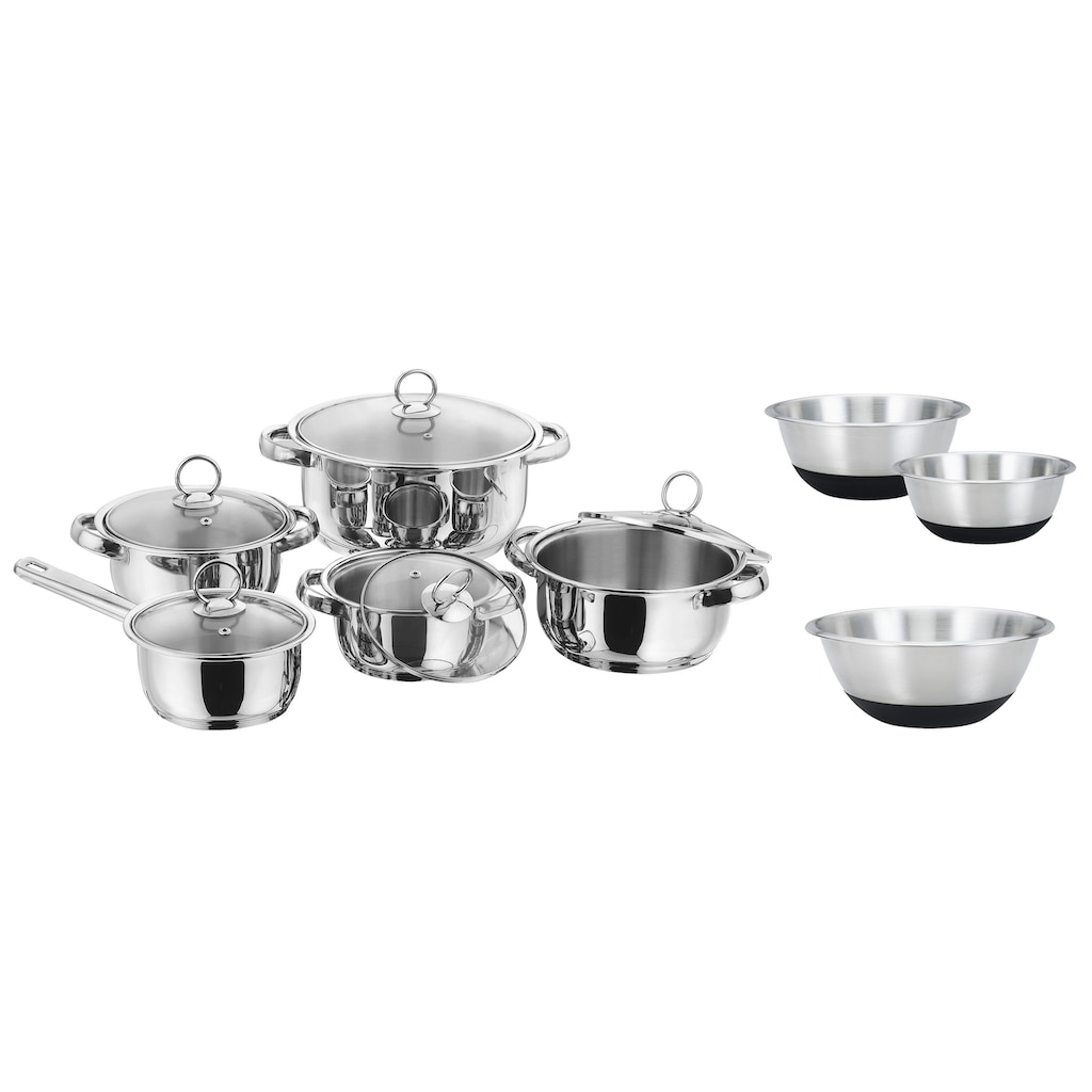 KING Topf-Set »New Silver Line«, Edelstahl, (Set, 13 tlg., je 1 Kochtopf 16/18/20/24 cm, 1 Stieltopf 16 cm, 3 Edelstahlschüsseln)