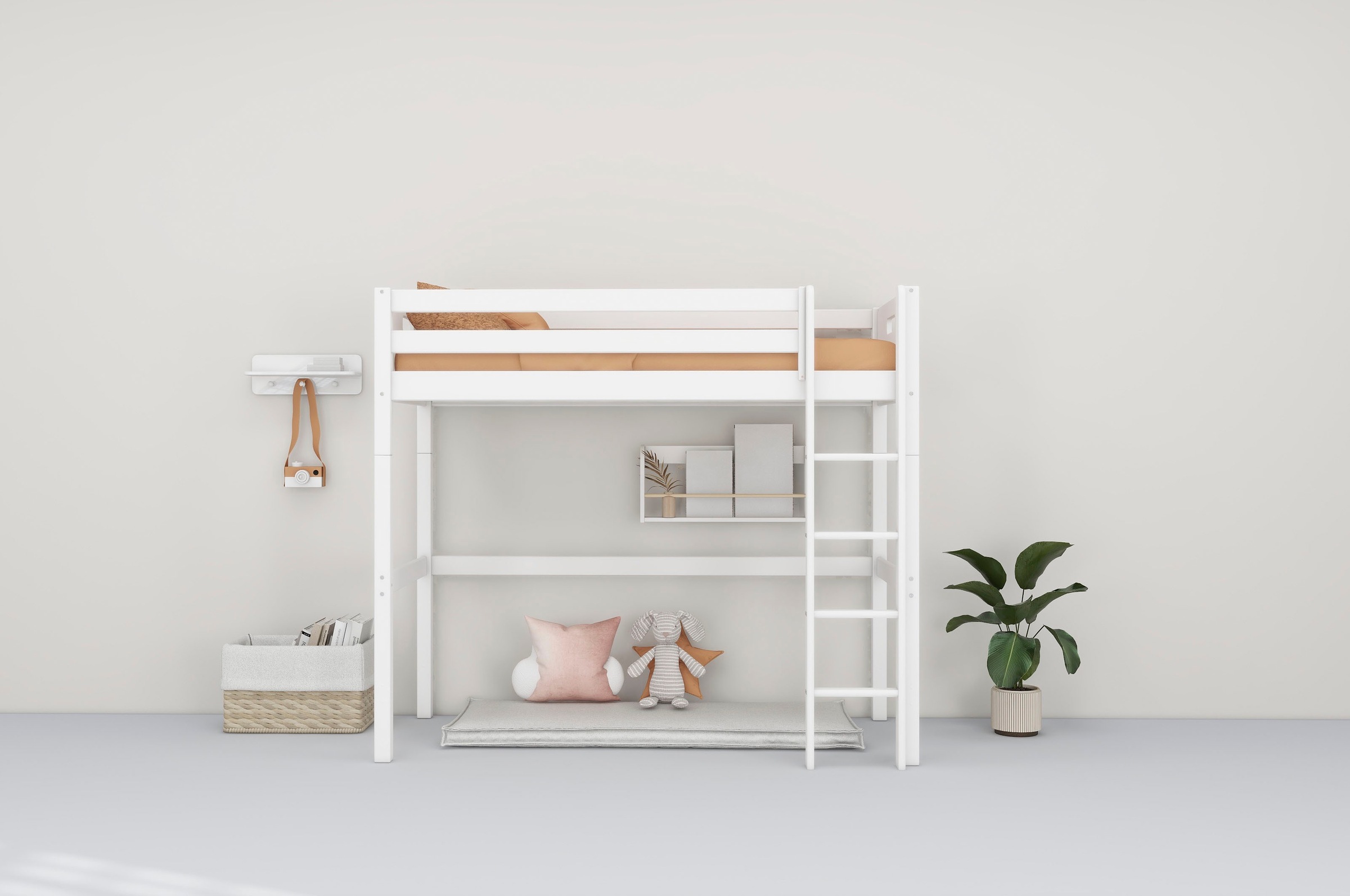 Hochbett “ Nordic“, produziert by Flexa,Umbaubar in Einzelbett, incl Rollrost, weiß Absturzsicherung vorne in Kiefer
