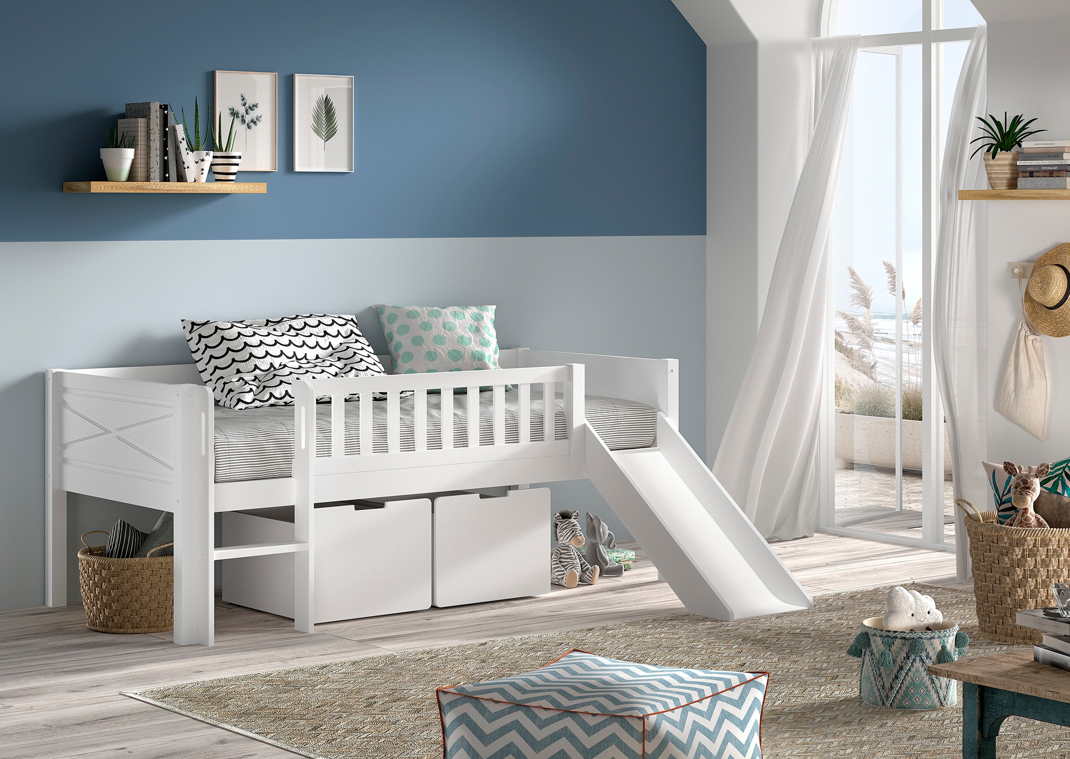 Vipack Spielbett »Scott mit niedriger Einstiegshöhe inkl. Leiter, Rutsche und Rollnrost«, in Kiefer massiv, weiß 90x200 cm, wahlweise ohne und mit Rollboxen