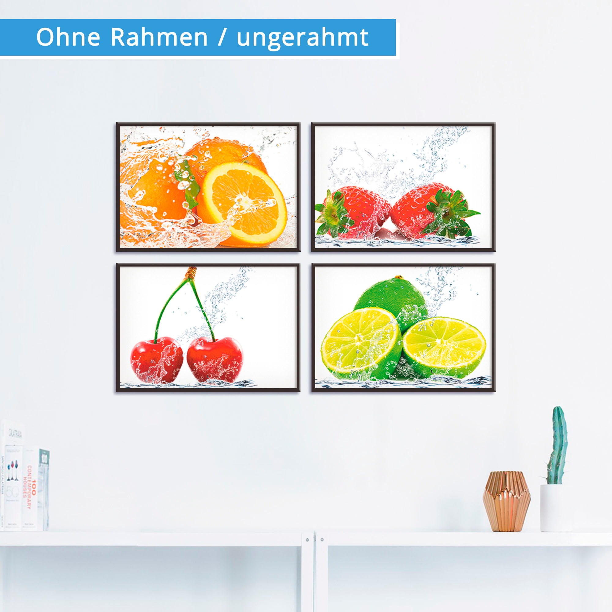 Artland Poster »Früchte mit Spritzwasser«, Lebensmittel, (4 St.), Poster, Wandbild, Bild, Wandposter