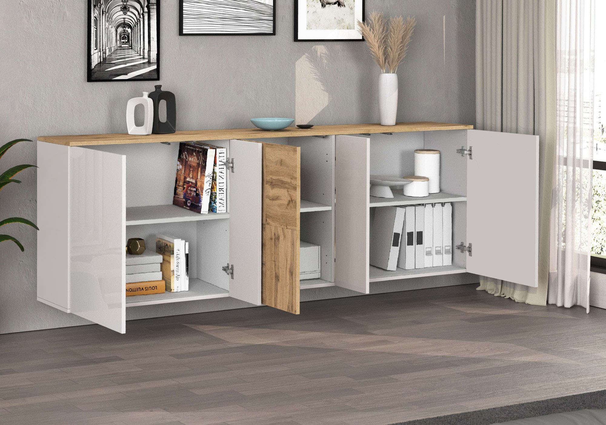 OTTO home Sideboard »ISEO, Kommode, Schrank, Sideboard, Lowboard, 6 Fächer, Breite 200 cm« 1 Stk. tlg. stehend/hängend, 5 Türen Hochglanz lackiert, Made in Italy