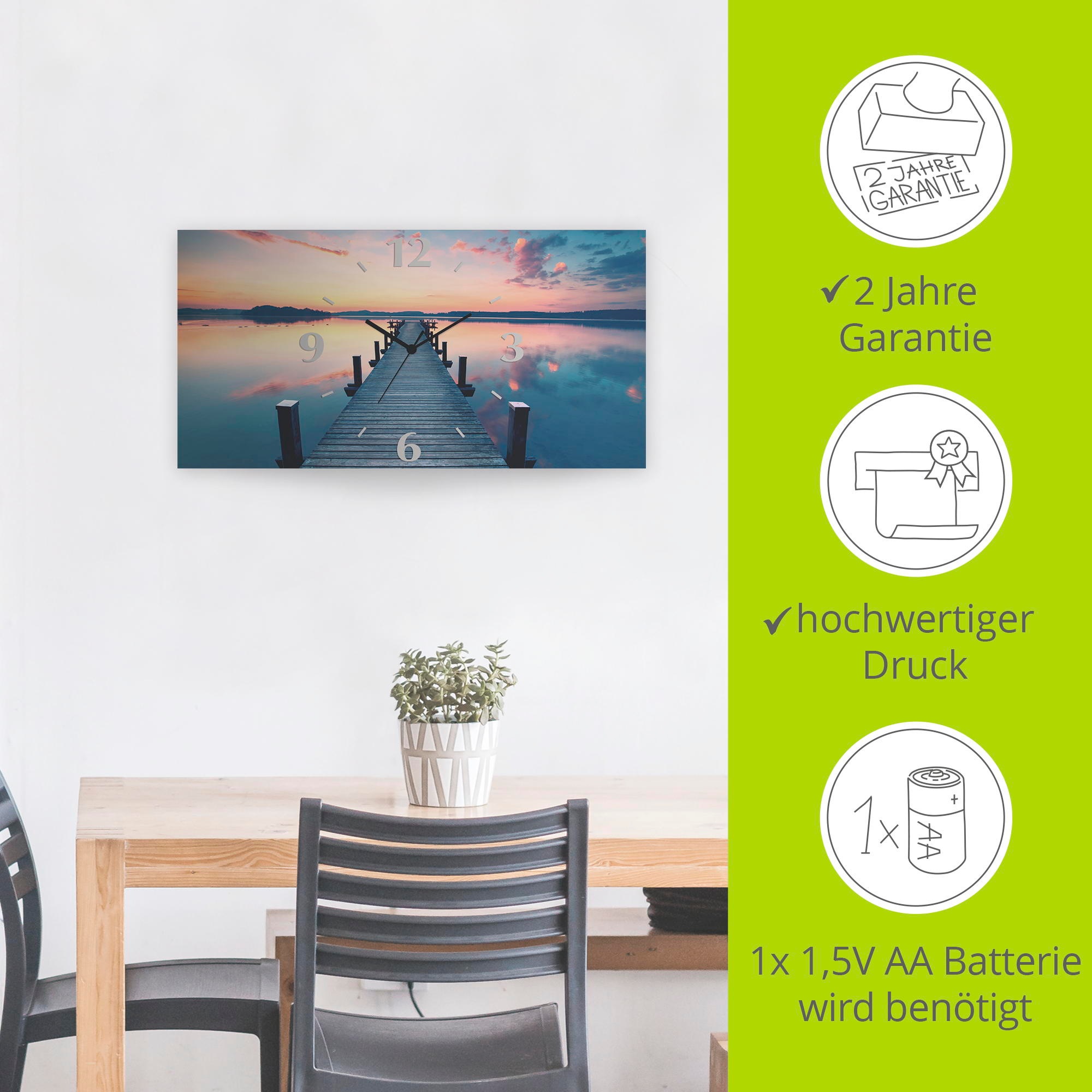 Artland Wanduhr »Langer Pier am See im Sonnenaufgang«, 3D Optik gebogen, mit Quarz- oder Funkuhrwerk, versch. Größen