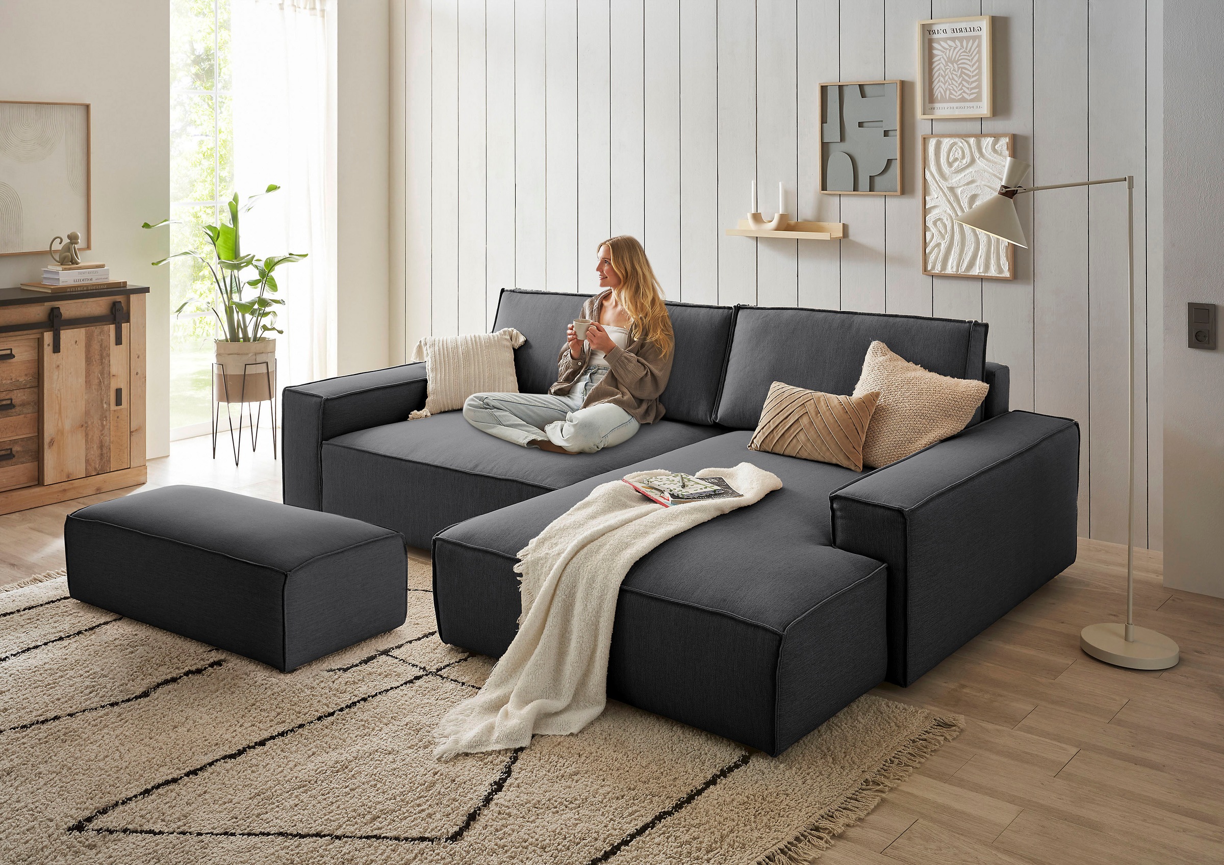 Home affaire Polsterecke »NEU: SHERWOOD XXL tief, L-Form mit Schlaffunktion, Big-Sofa mit Hocker«, (Set, 2 St.), stellbar zum Schlafsofa (Krokodilverbinder), Cord, Leinenoptik
