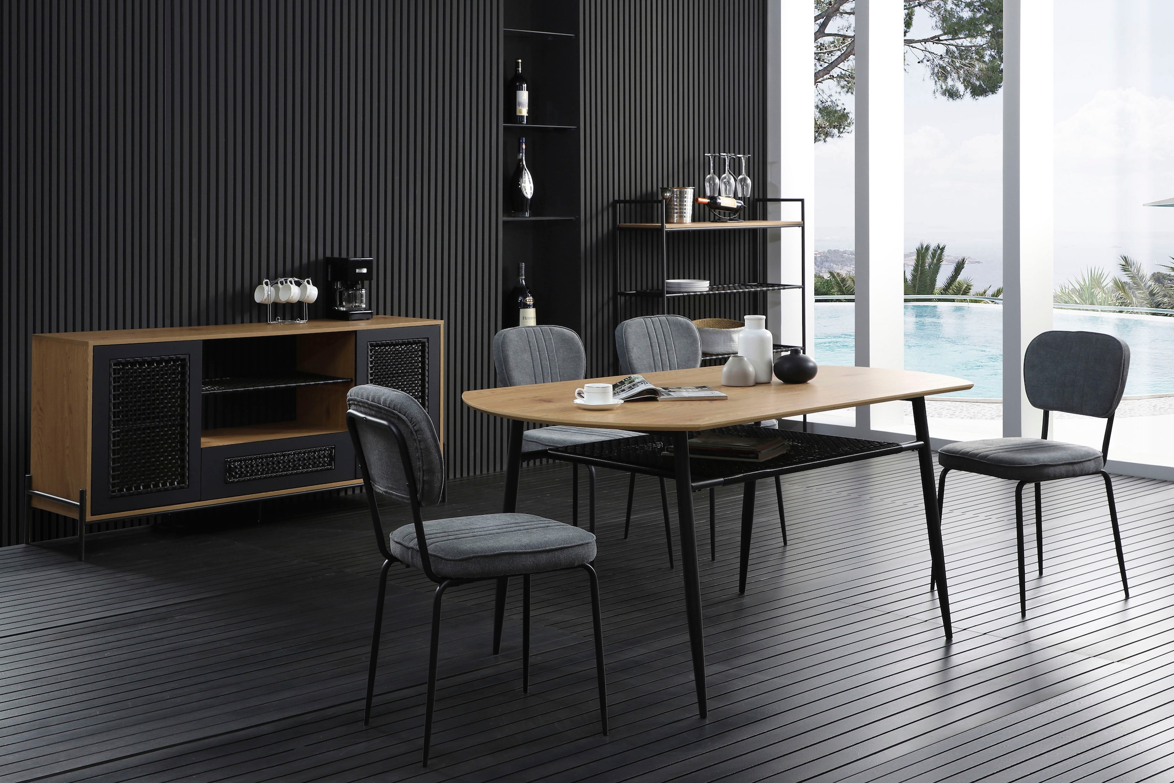 SalesFever Sideboard, Kommode mit mattschwarzem Einsatz aus Polyrattan