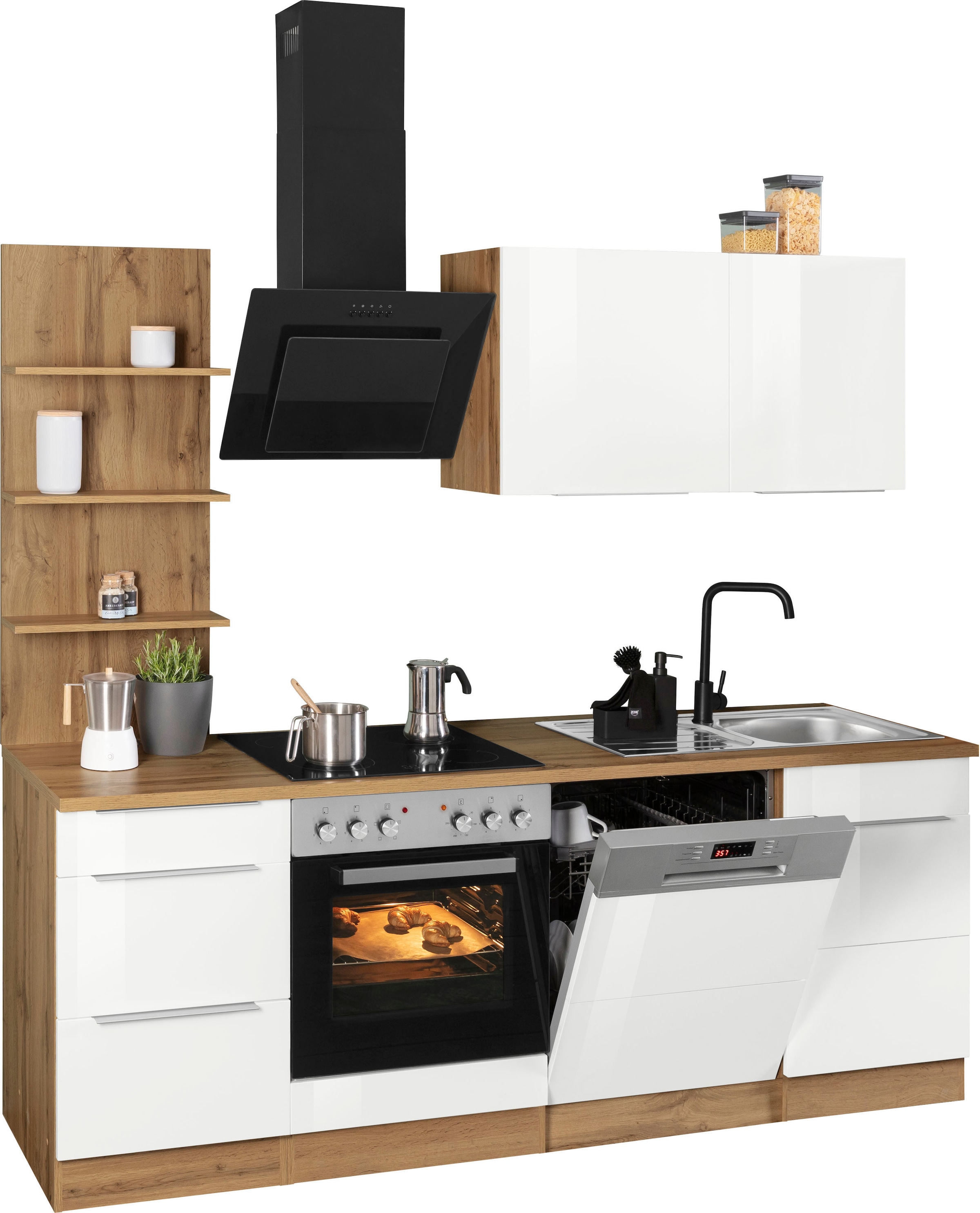 KOCHSTATION Küchenzeile »KS-Brindisi«, Breite 220 cm, wahlweise mit E-Geräten, mit MDF-Fronten und Regal