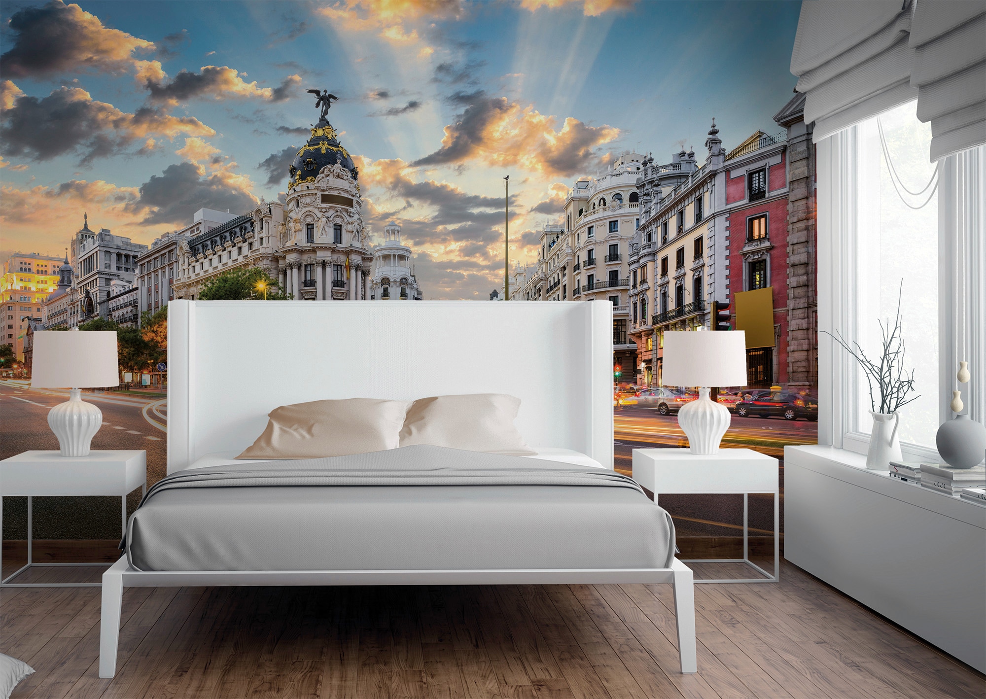 Fototapete Gran Via Madrid Blau Grau Weiß Gelb 3,50 m x 2,55 m FSC® günstig online kaufen