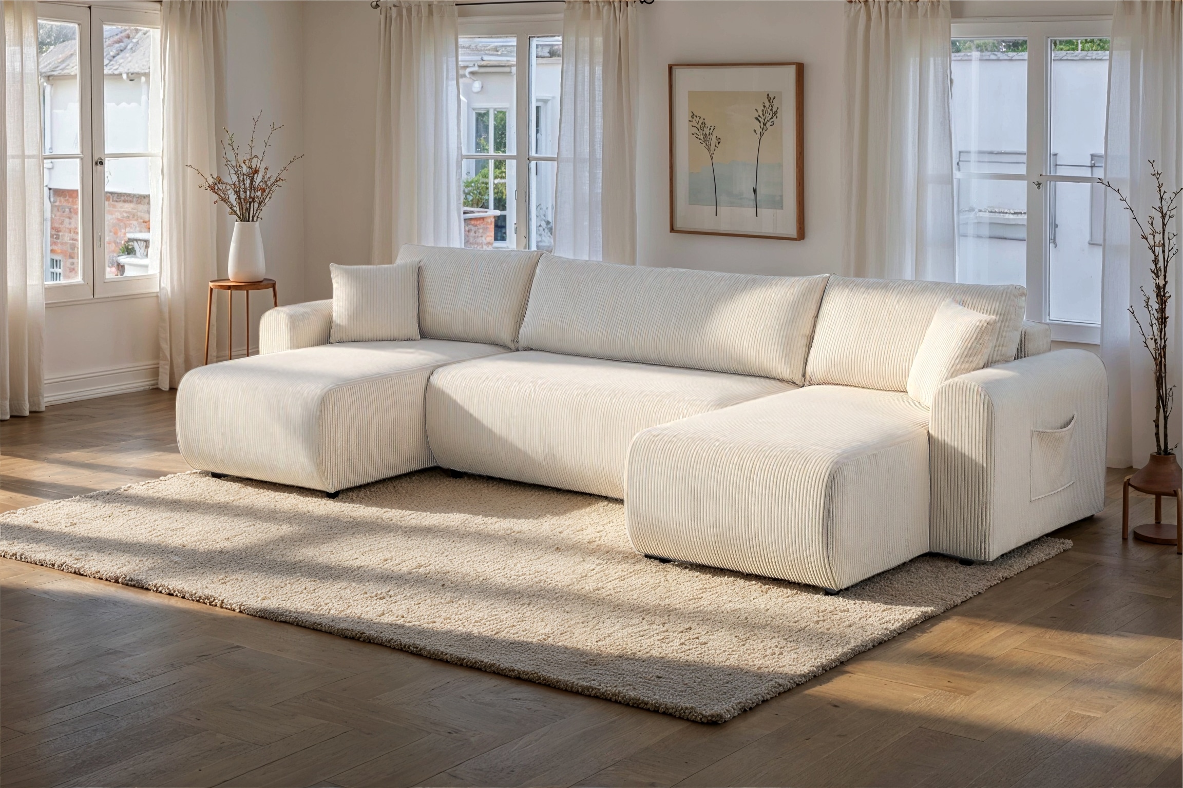 OTTO home Wohnlandschaft »JONAA, 311 cm, U-Form, Schlafsofa, Boxspringfederung, Cord u. Struktur« 133/270cm, Bettkasten, Seitentaschen, Cord und Struktur