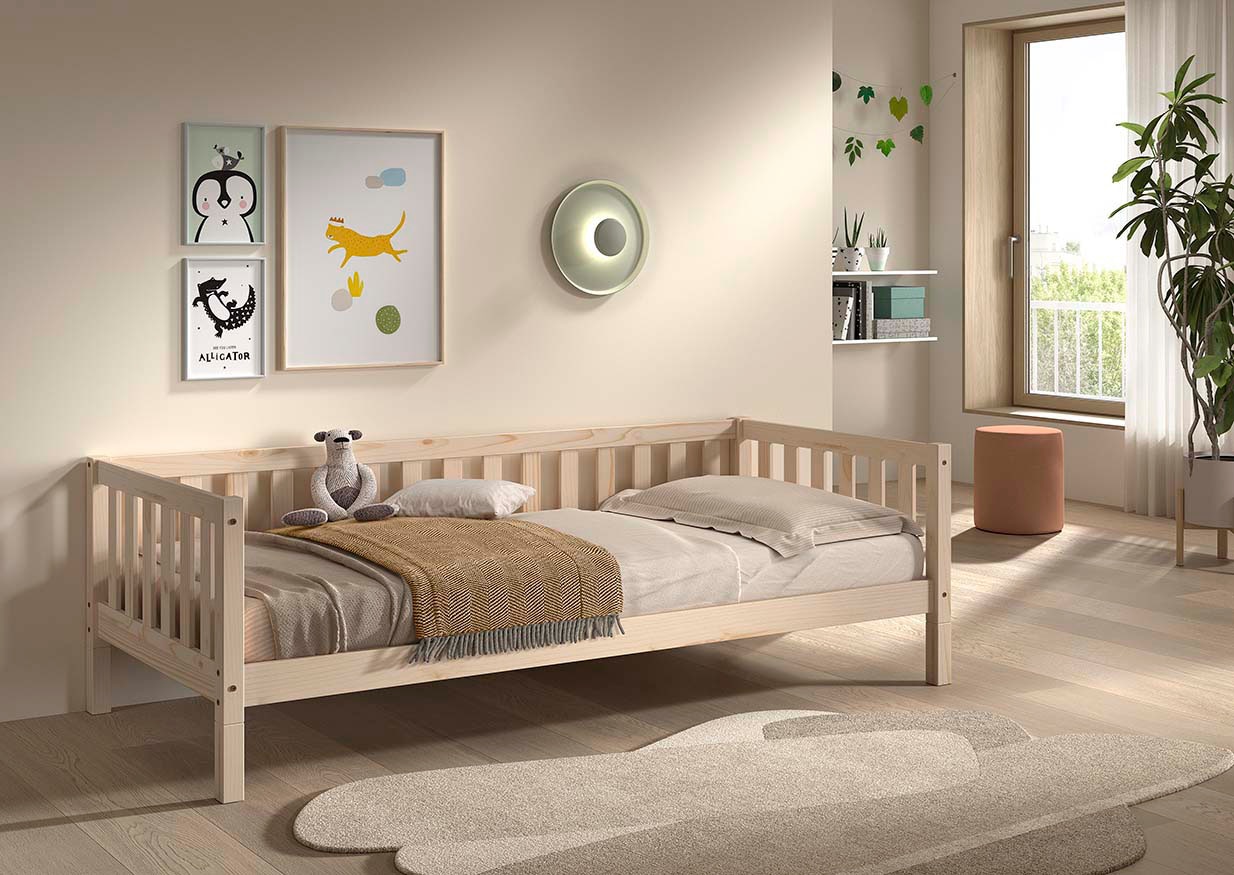 Vipack Kinderbett »Dallas, Massivholzbett, umbaubar vom Boden- zum Daybett« inkl. Rolllattenrost und Sprossenumrandung, 90 oder 140x200 cm breit,  stabil und standfest gebaut, wahlweise Kiefer massiv natur oder weiß
